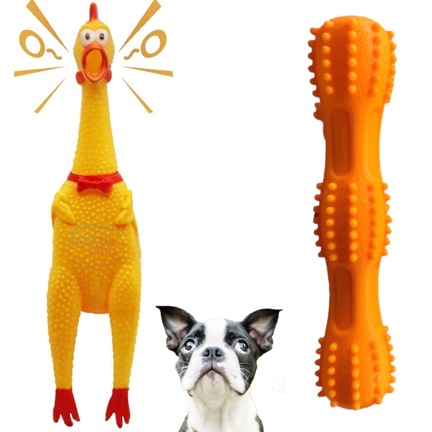 Psk Pet Mart Pack Of 2 Dog Toys I Squeaky Chicken + Bone For Dogs I 100% Natural Rubber I Safe & NonToxic Chew Toys For Dogs I 
