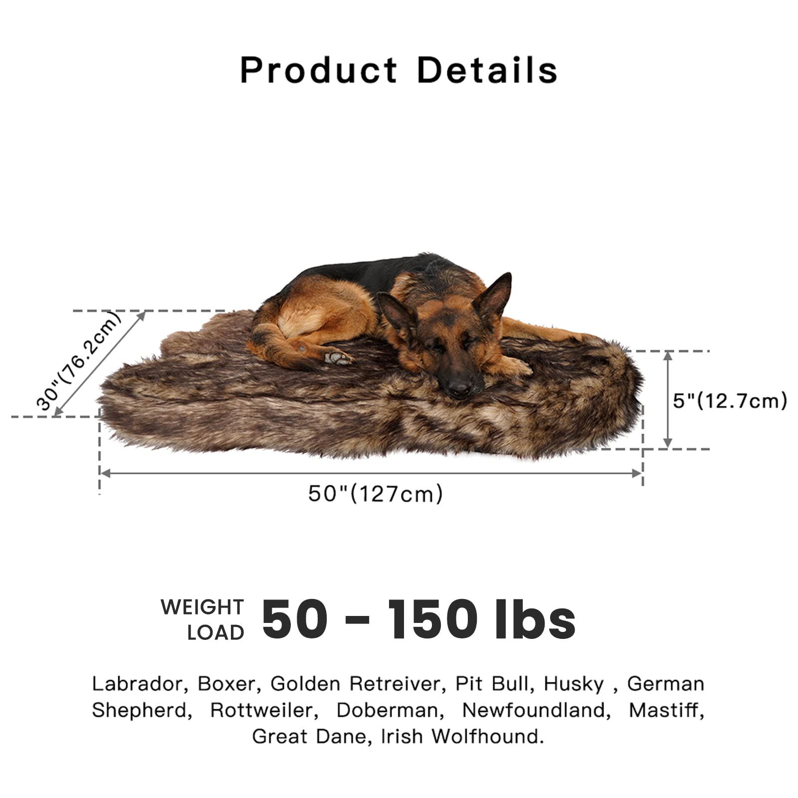 Laifug Large Faux Fur Dog Bed,5-Inch Thick Grade Orthopedic Memory Foam Dog Bed(50'X30'X5'),Removable Cover With Anti-Slip Bottom,Waterproof Liner