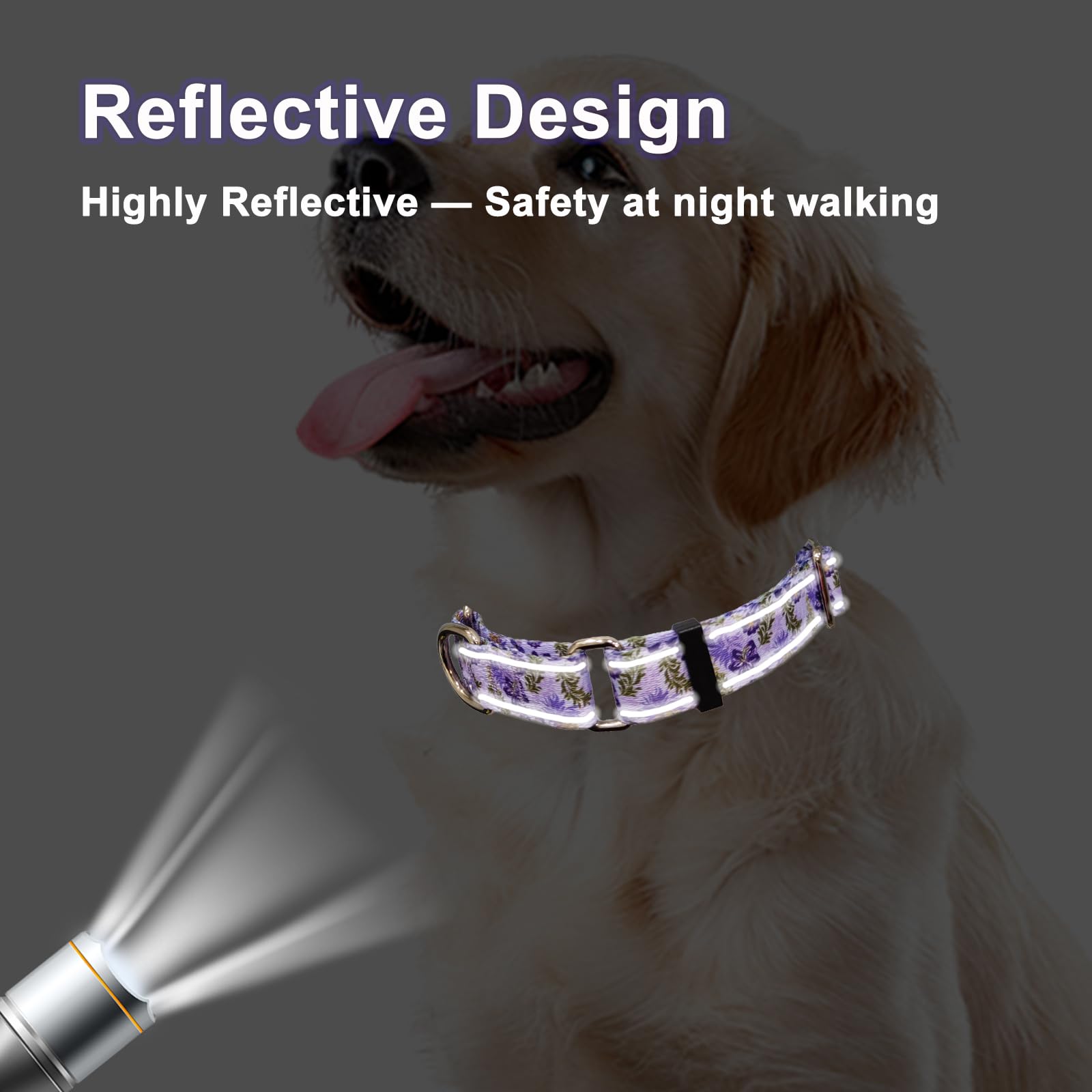Fidohug Reflective Martingale Collar For Dogs With Quick Release Buckle Cute Girl Female Flower Dog Collars (Lavender Floral, La