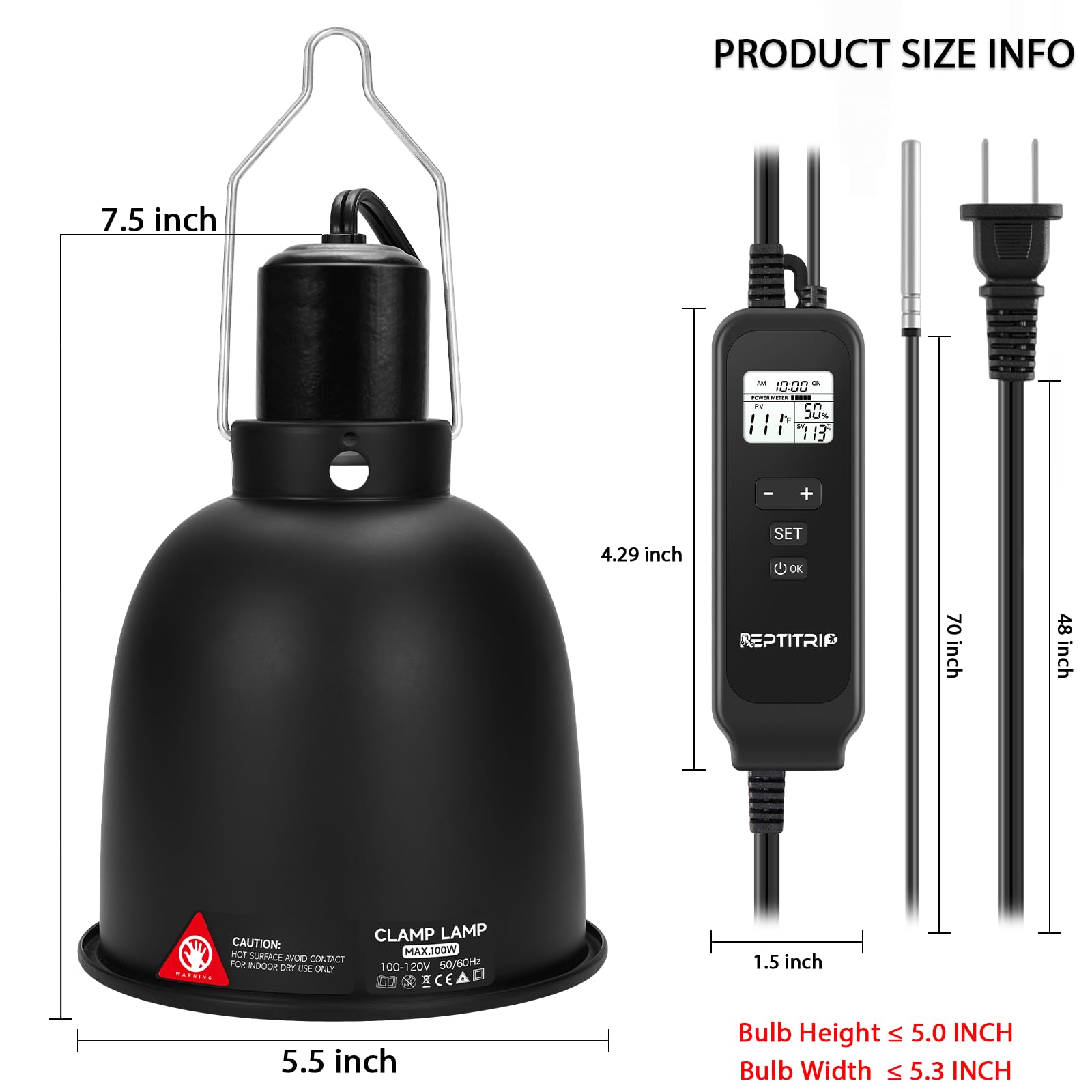 REPTITRIP 5.5 Inch Day-Night Thermostatic Reptile Heat Lamp Fixture - Black Aluminum, Model LFO5X, Max 100W (Bulb Not Included