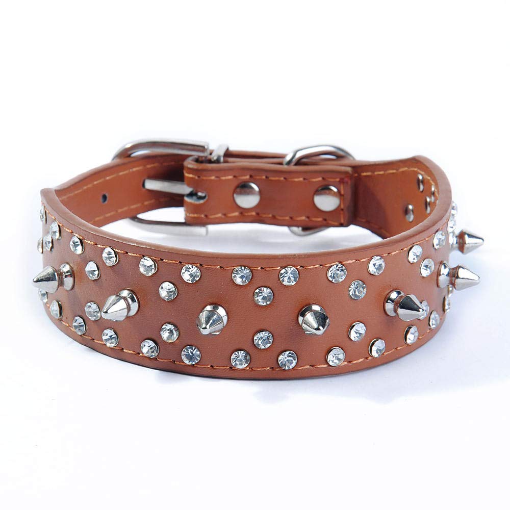 Rhinestones Dog Collar, Stylish Leather Dog Collar, With Bullet Rivets And Rhinestones, Soft And Adjustable For Medium And Large