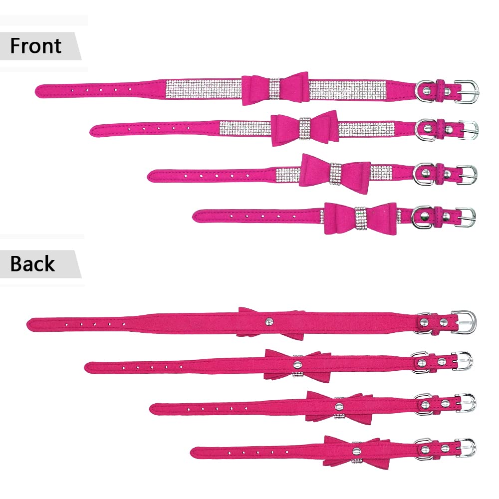 Beirui Rhinestone Bling Leather Dog & Cat Collar - Flocking Sparkly Crystal Diamonds Studded - Cute Double Bowknot For Pet Show & Daily Walking,Hot Pink,Xxs Neck Fit 6-8'
