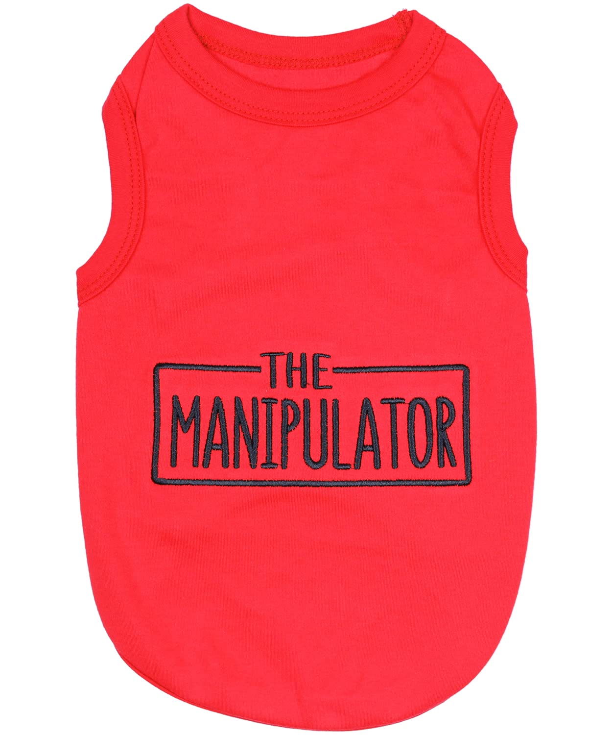 Parisian Pet Dog Tshirt - Embroidered “ Manipulator “ Dog Shirt - Breathable And Lightweight Dog Clothes - Sleeveless Red Dog Tee Shirts - Machine Washable Dog Shirts For Medium Dogs - M