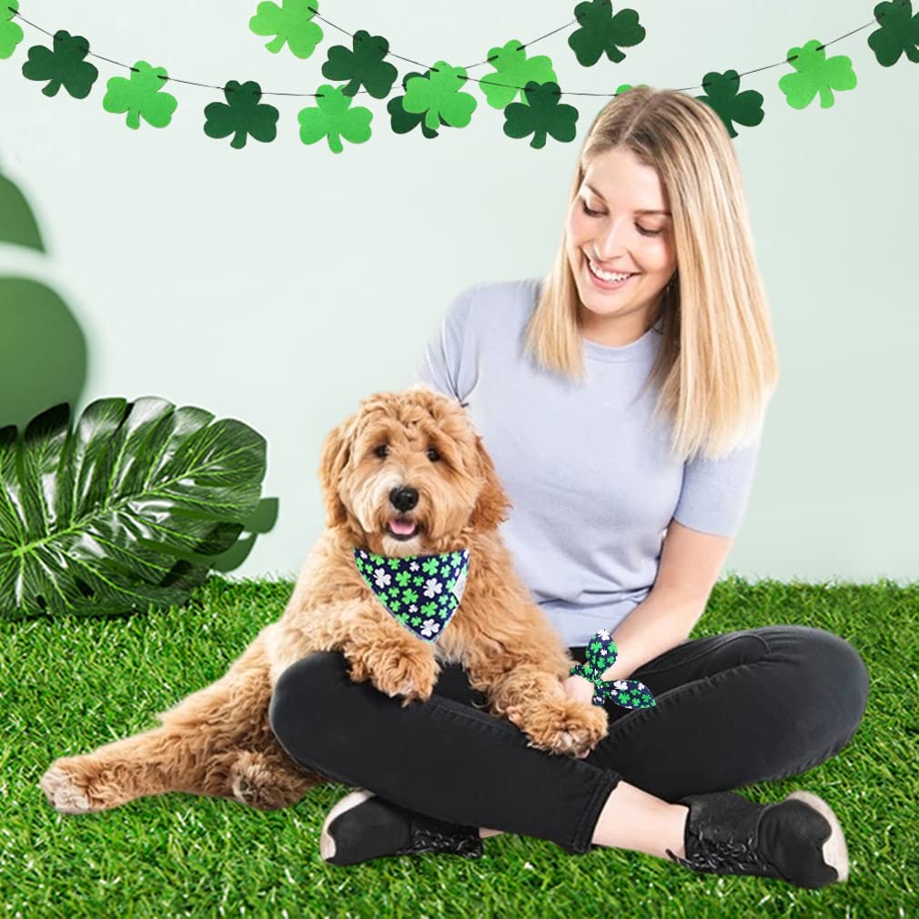E-Clover Spring Day Dog Bandana & Matching Scrunchie Set Shamrock Lucky Dog Bandanas Scarf With Bow Hair Ties For Small Puppy Do