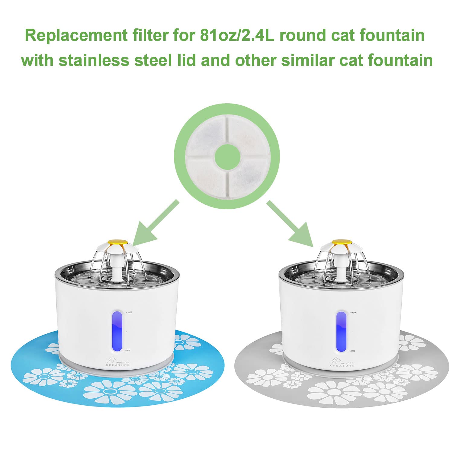 Wonder Creature Cat Water Fountain Replacement Filter, 8-Pack Activated Carbon Filters for Most Pet Water Fountains, White