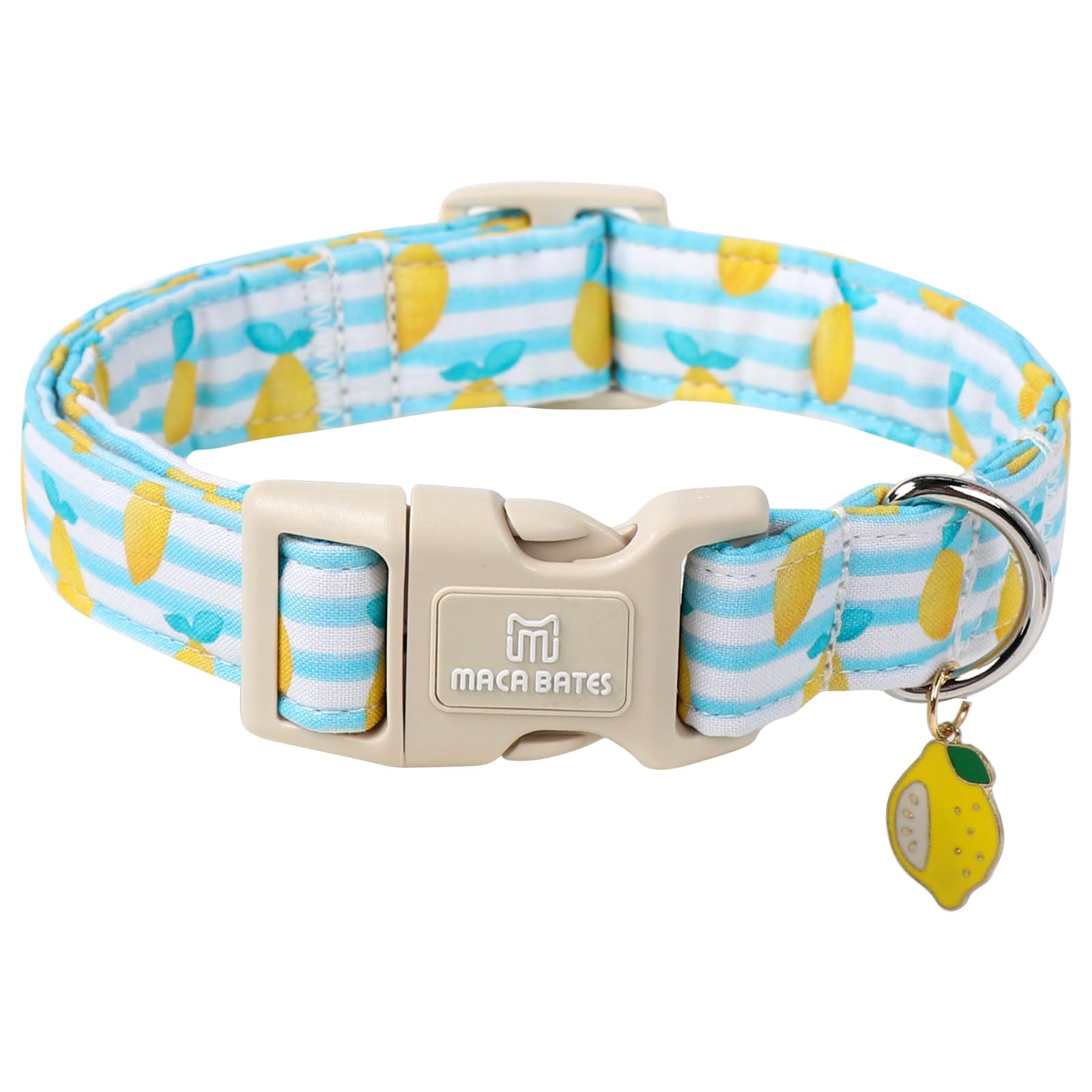 Maca Bates Summer Lemon Basic Dog Collar With Safety Buckle Adjustable Durable Soft Dogs Collars With Yellow Lemon Charm Birthda