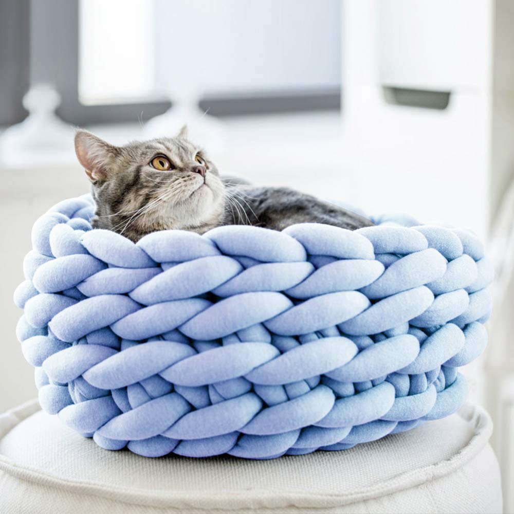 Lucky Monet Cat Basket Bed Cotton Knitted Round Pet Beds For Cats Cute Boho Cat Pet Bed Warm Woven Cat Nest For Puppy Kitten Cats Dogs (19.7', Blue)