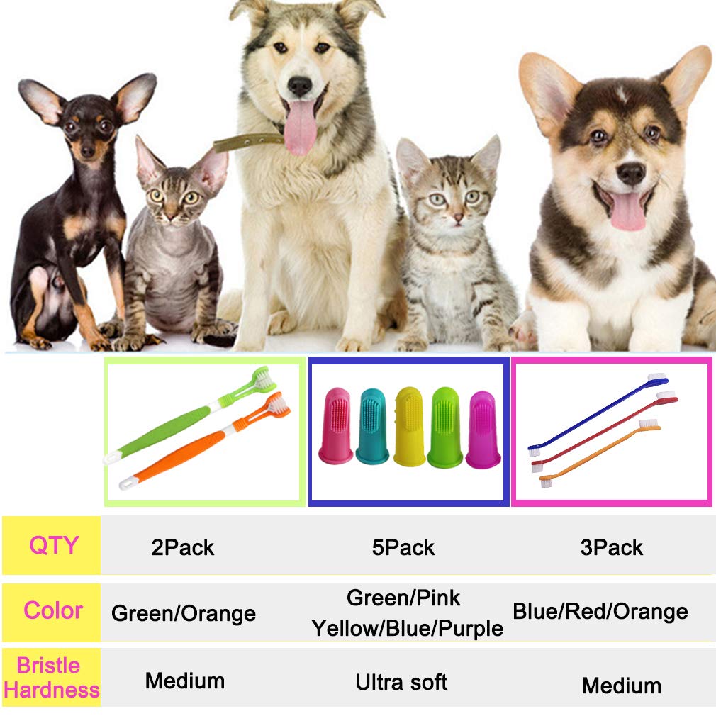 Zeyaa 10 Pack Pet Dog Toothbrush, 2 Triple Head Pet Toothbrushes 3 Double Head Tooth Brush 5 Pack Finger Rubber Toothbrushes, Mu