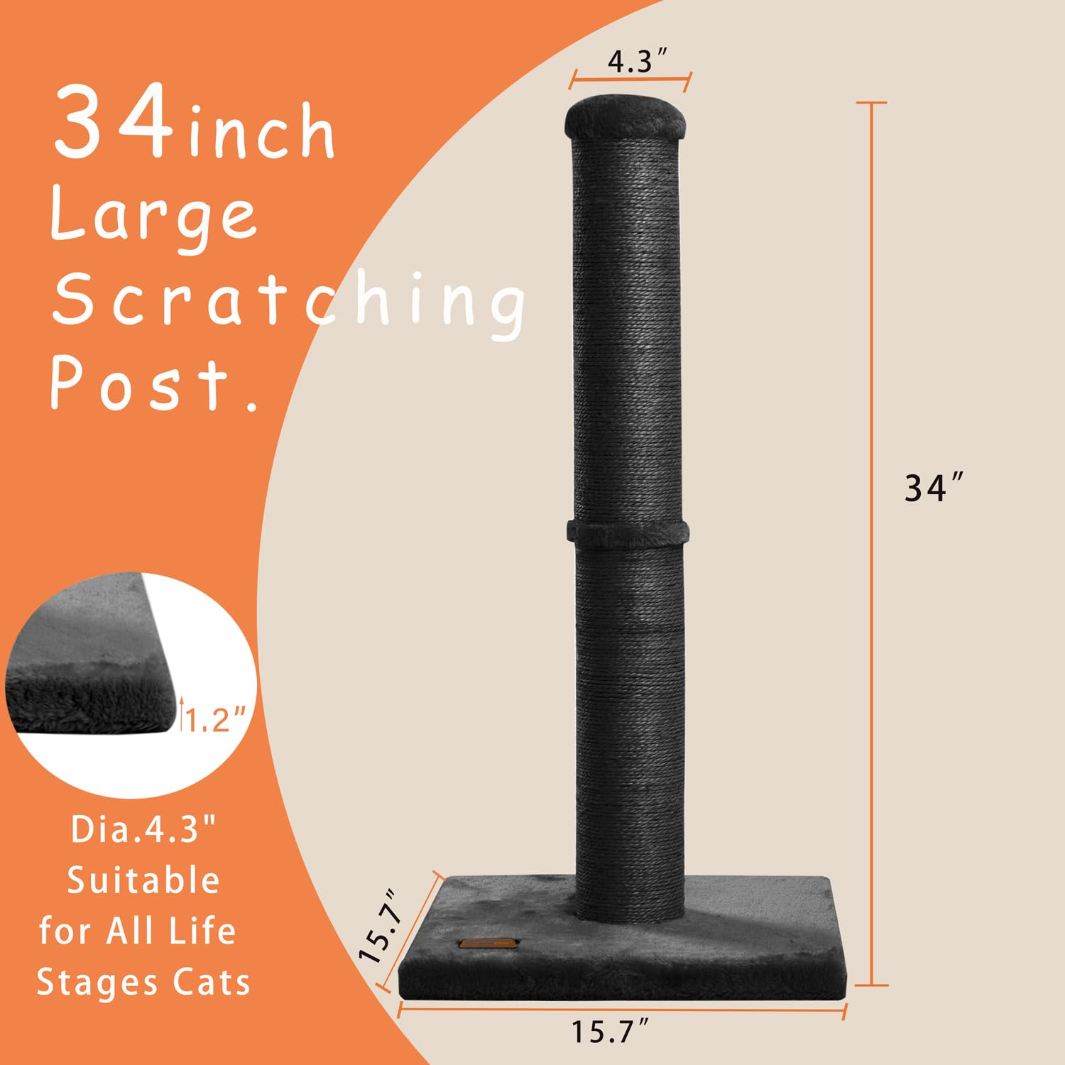 Karolpar 34" Cat Scratching Post, Large Diameter 4.3", Natural Sisal Rope, Engineered Wood, Black - Model YY101-BK