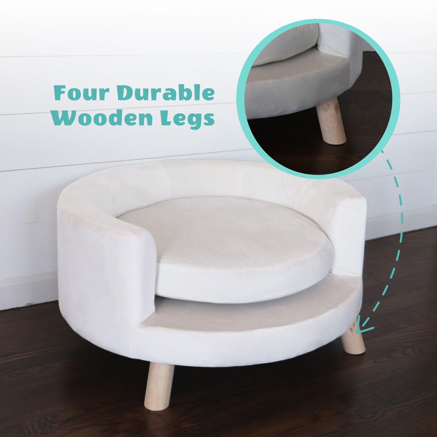 Critter Sitters 28-In. Elegant Circular Dog & Cat Sofa, Modern Elevated Pet Bed in Faux-Velvet White, Comfortable for Small to M