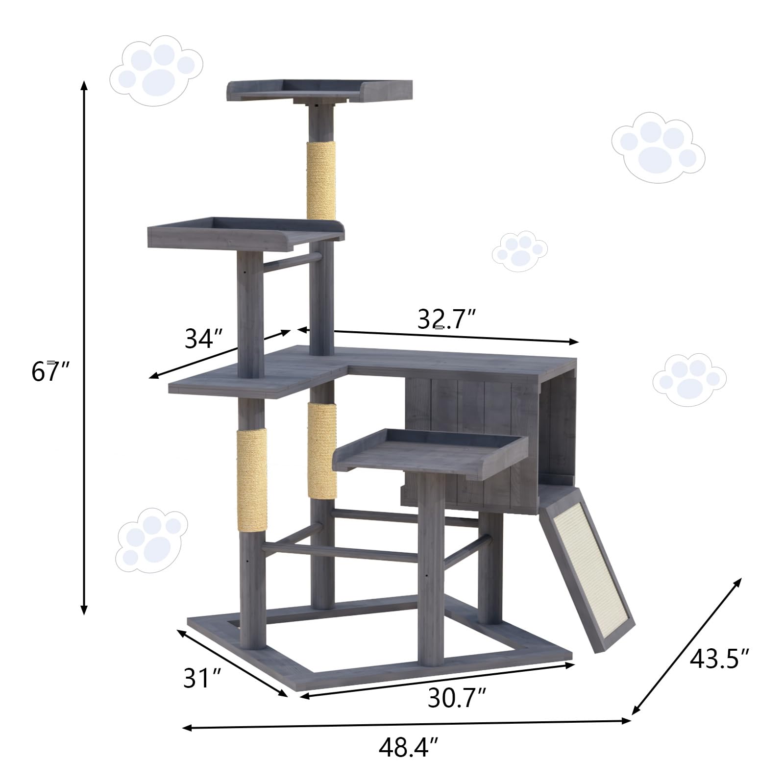 GDLF Outdoor Cat Tree Tower, 67" Weatherproof Wood for Large Cats, Condo & Scratching Posts, Grey, Model PET842M