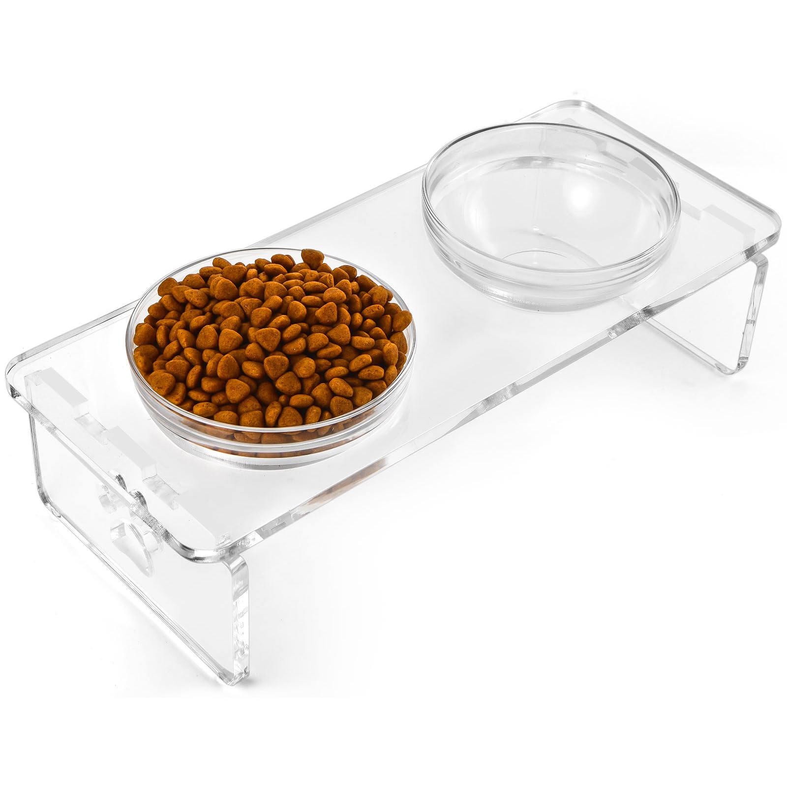 Dog and Cat Bowls Elevated Set - Acrylic Feeder Stand with 2 Set Removable Stainless Steel and Glass Bowls Food and Water Raised