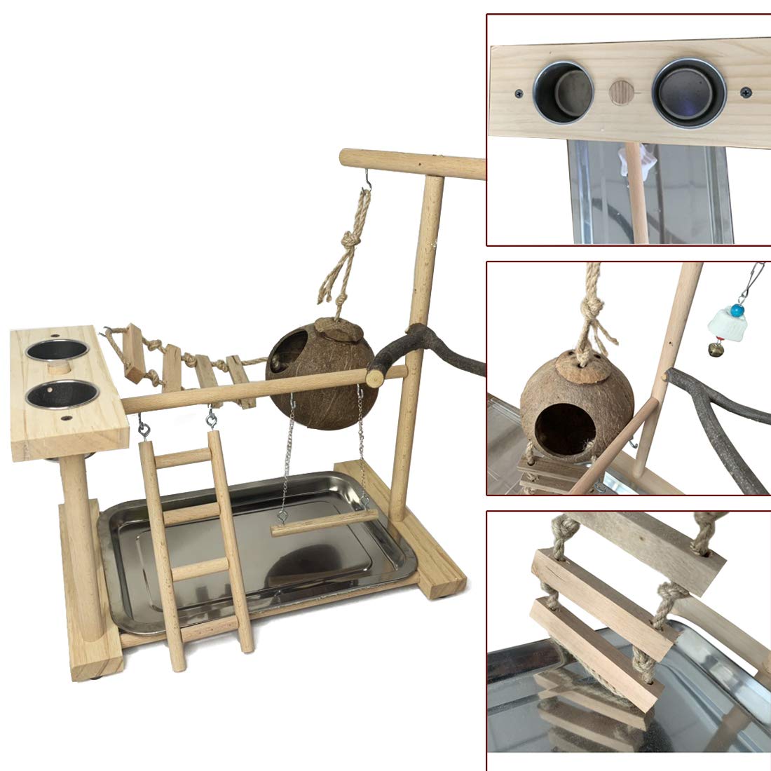 Hamiledyi Parrot Playground Bird Play Stand Natural Wood Parrot Perch Gym With Feeder Cups Cockatiel Nest With Ladder Lovebirds Cage Accessories Toy Exercise Activity Center For Cockatiel Lovebirds