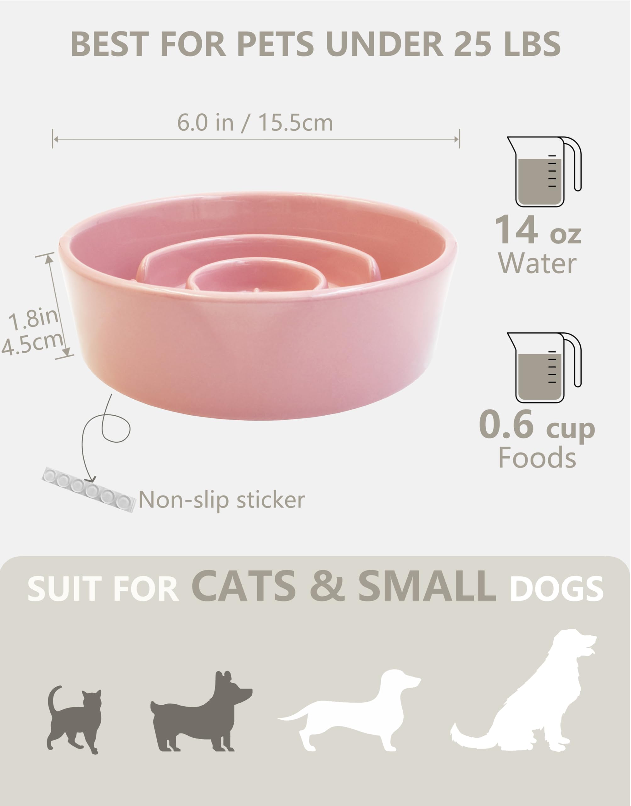 MOPANG Ceramic Slow Feeder Dog Bowl, 0.6 Cup, 6in Pink, Puzzle Maze Design, Prevents Choking for Small Dogs and Cats
