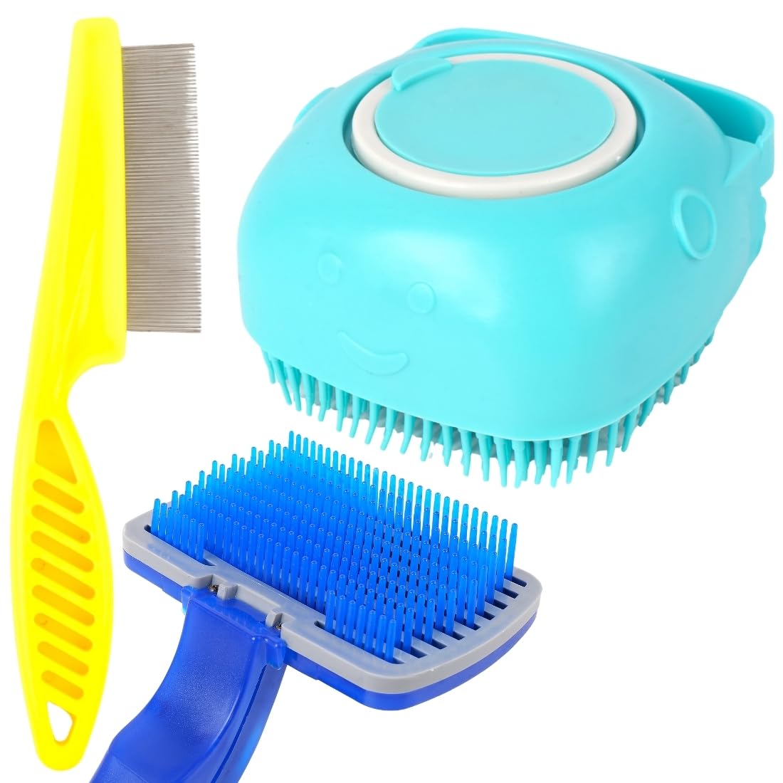Pet Grooming Brush Set, SelfCleaning Dog Cat Deshedding Tool With Metal Comb, Blue And Turquoise, 3 Piece Professional Grooming