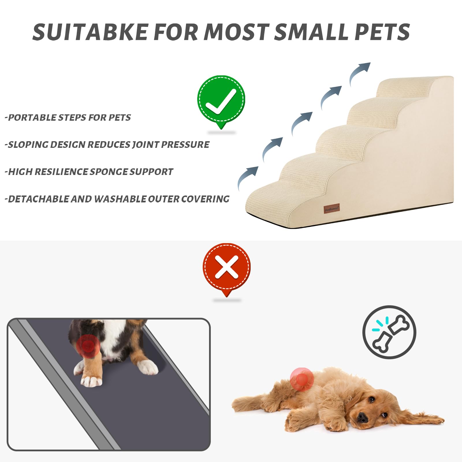 Aodisman 5-Step Dog Stairs and Ramp for High Bed,Non-Slip Sturdy Pet Steps for Small Dogs and Cats,22.2 H,Beige