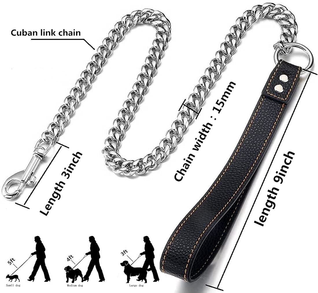 Aiyidi Dog Chain Leash, Stainless Steel Metal Link Training Leash Width 11/15Mm Length 3/4/5Ft Silver Cuban Chain, With Genuine Leather Padded Handle, For Large/Medium/Small Dogs (15Mm, 5Ft)