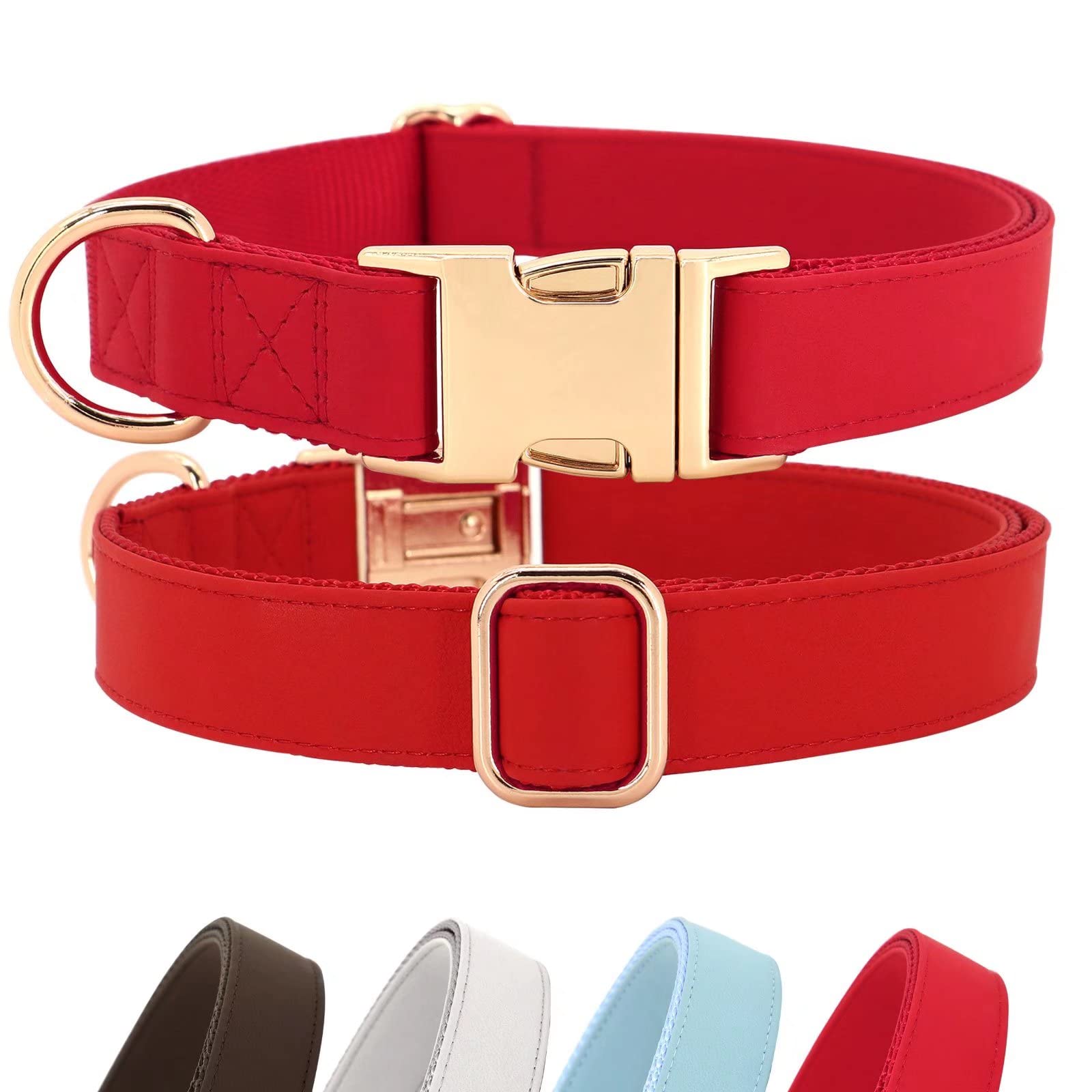 Pet Artist Charming Nylon Dog Collar With Leather Soft Comfy Elegant Nylon Collars For Dogs Small Medium Large 4 Bright Solid Color For Choosing Blue Red Brown Grey (Red,Neck Fit 9-14'')