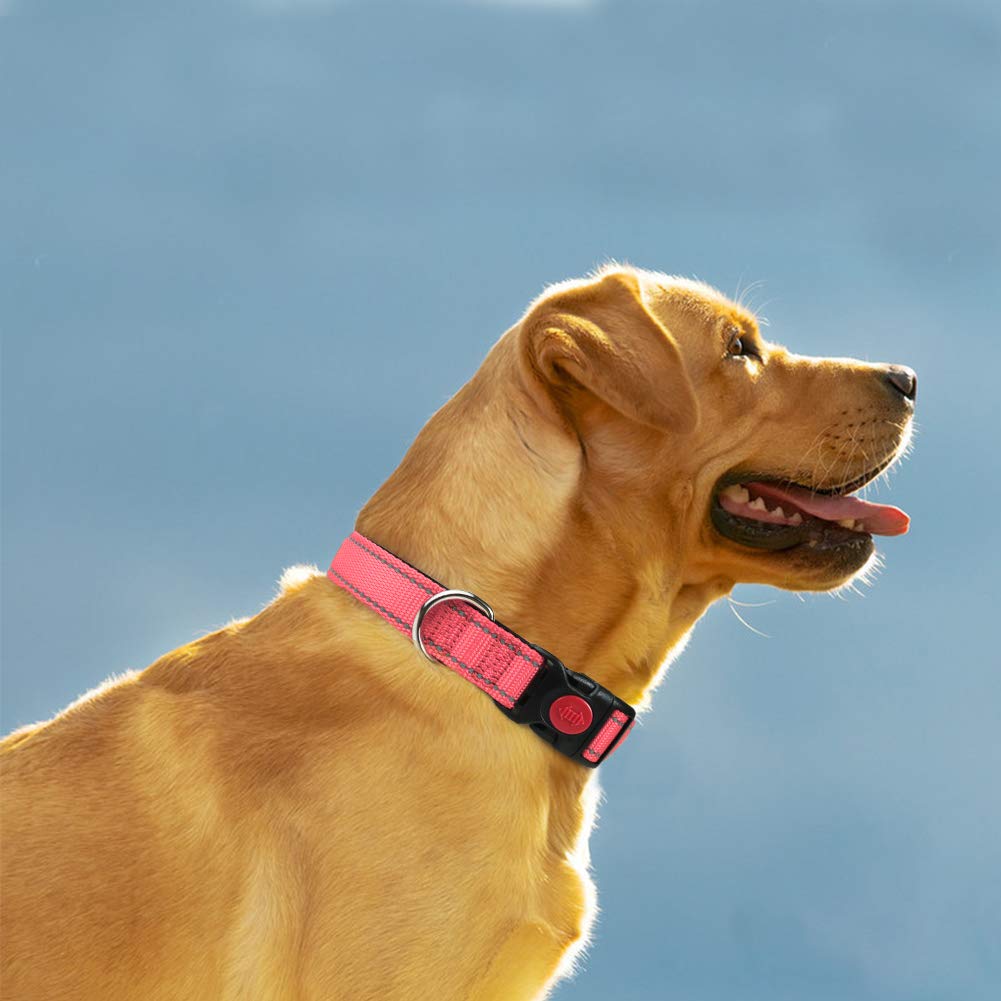 Taglory Reflective Dog Collar With Safety Locking Buckle, Adjustable Nylon Pet Collars For Large Dogs Female Male, Pink, L