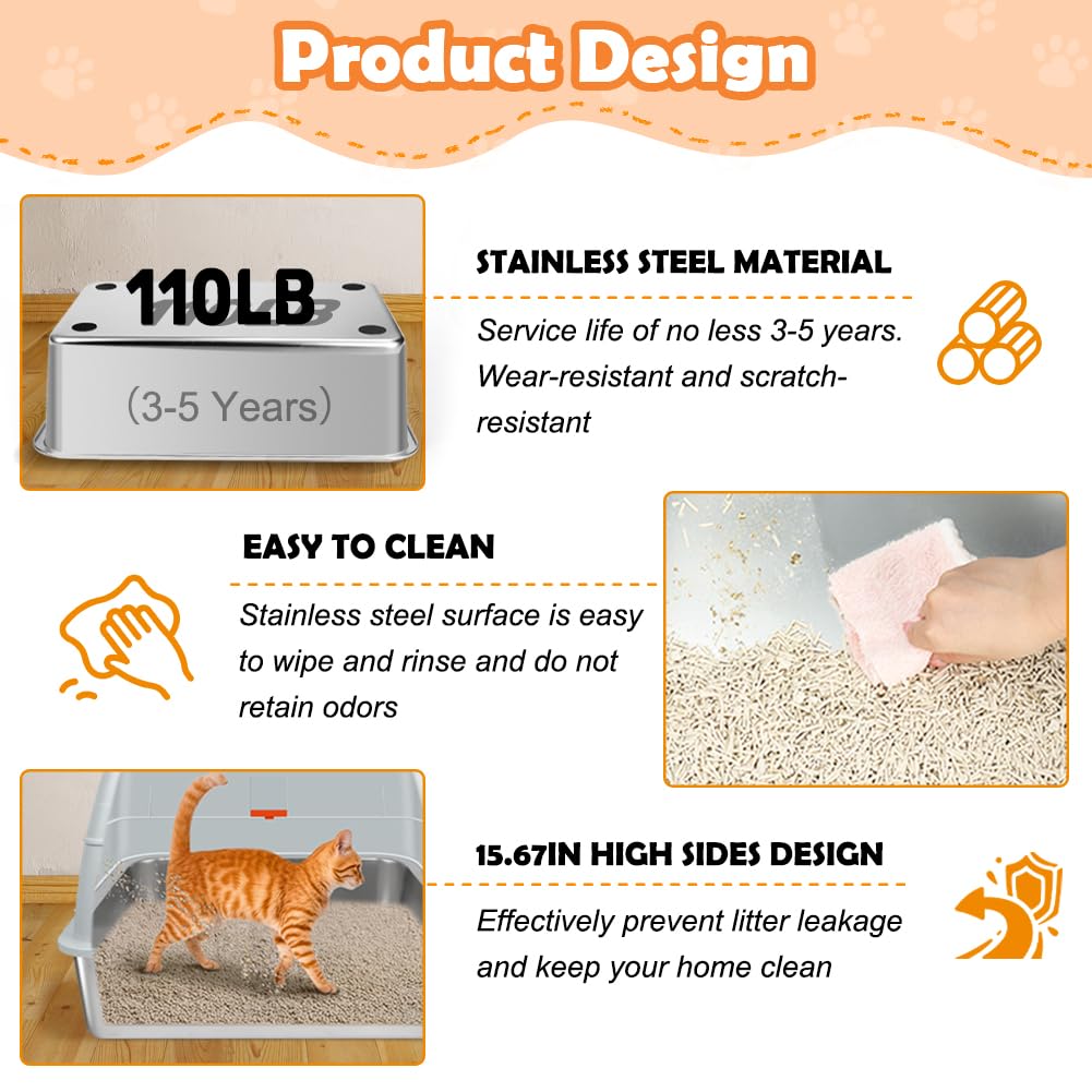 Vivifying XL Stainless Steel Litter Box with Lid, Gray - Enclosed Cat Pan with Scoop, Mat, Charcoal Filter for Big Cats