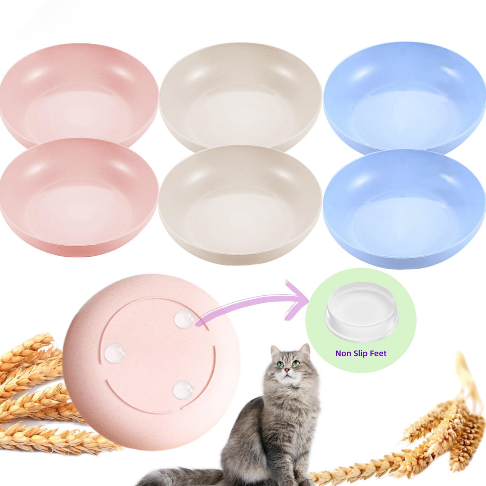 6-Pack Cat Food Bowls - BPA-Free Non-Slip Plastic Cat Dishes, 5.5  Wide Shallow Whisker Fatigue Relief Cats Bowls Set for Multi-