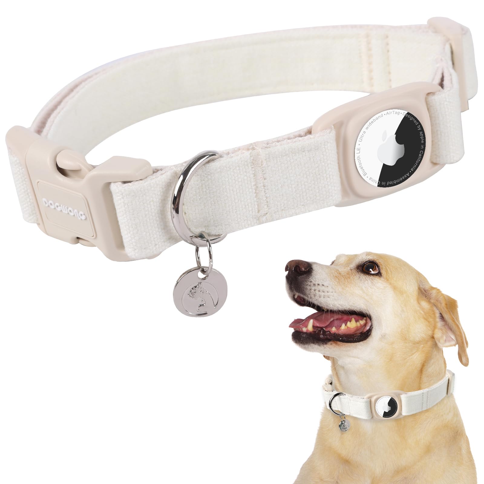 Dogwong Airtag Cotton Hemp Dog Collar, Heavy-Duty Dog Collar With Airtag Holder White Natural Fabric Pet Cute Puppy Necklace For