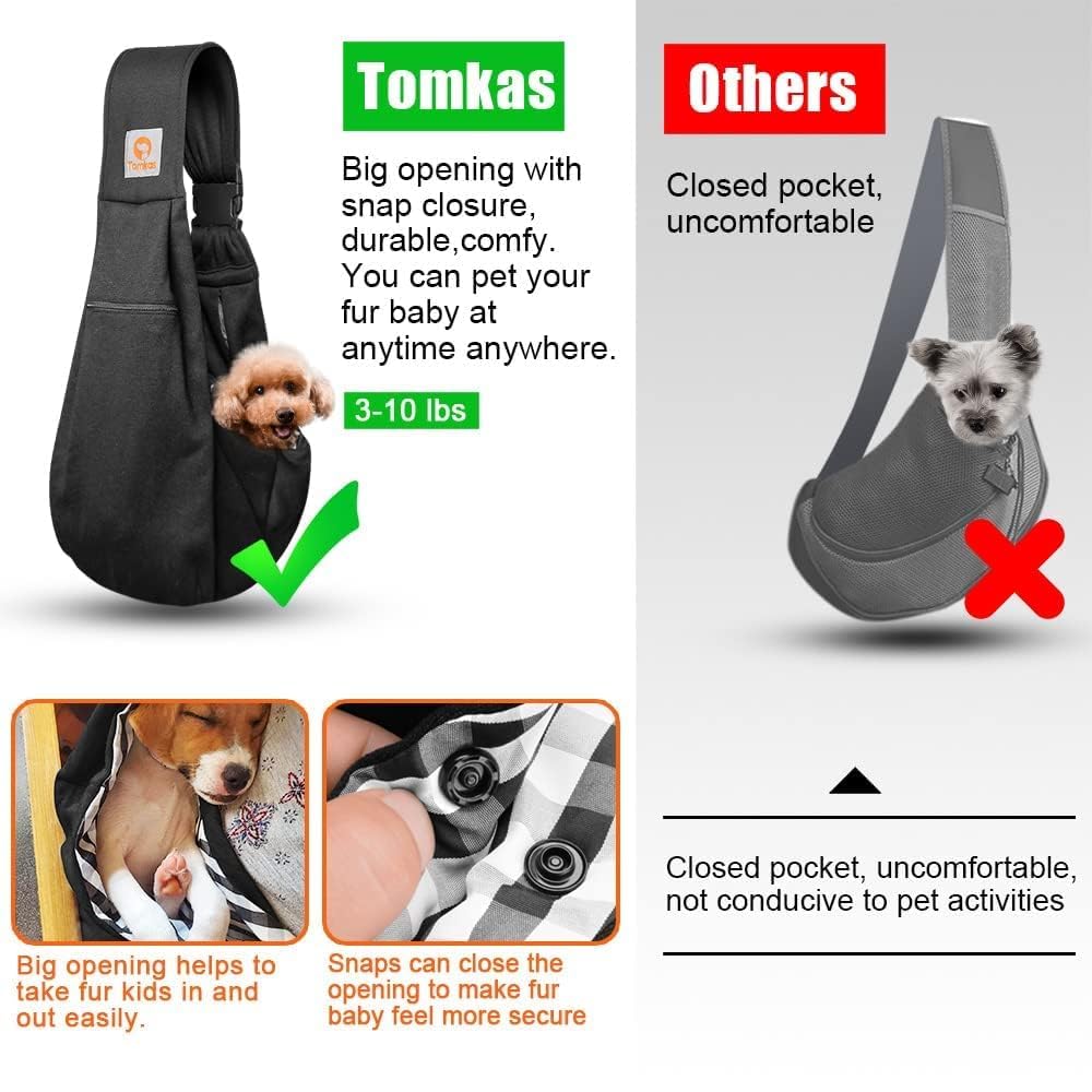 TOMKAS Small Dog Sling Carrier - Adjustable Strap, Zip Pocket - Black, M Size, Polyester