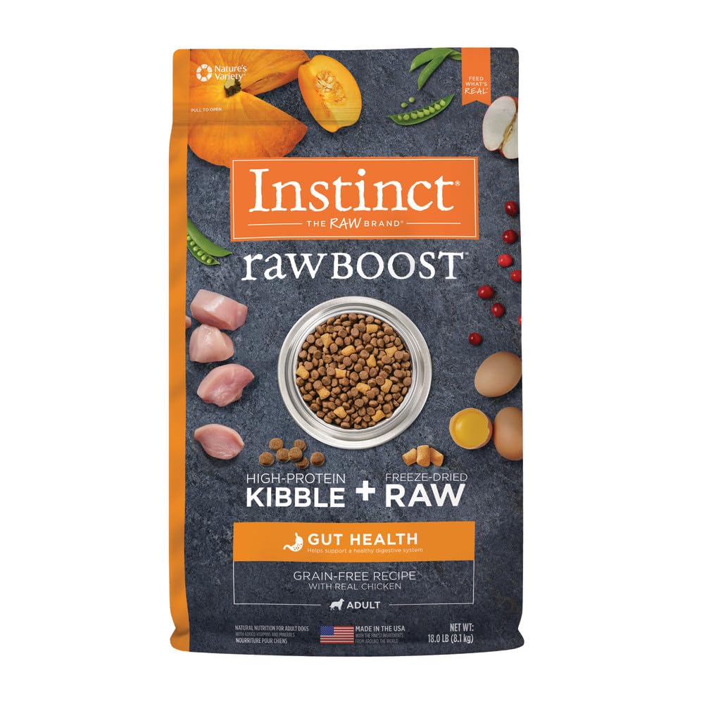 Instinct Raw Boost Natural Dry Dog Food with Freeze Dried Pieces, Grain Free, Real Chicken - Gut Health, 18 lb. Bag