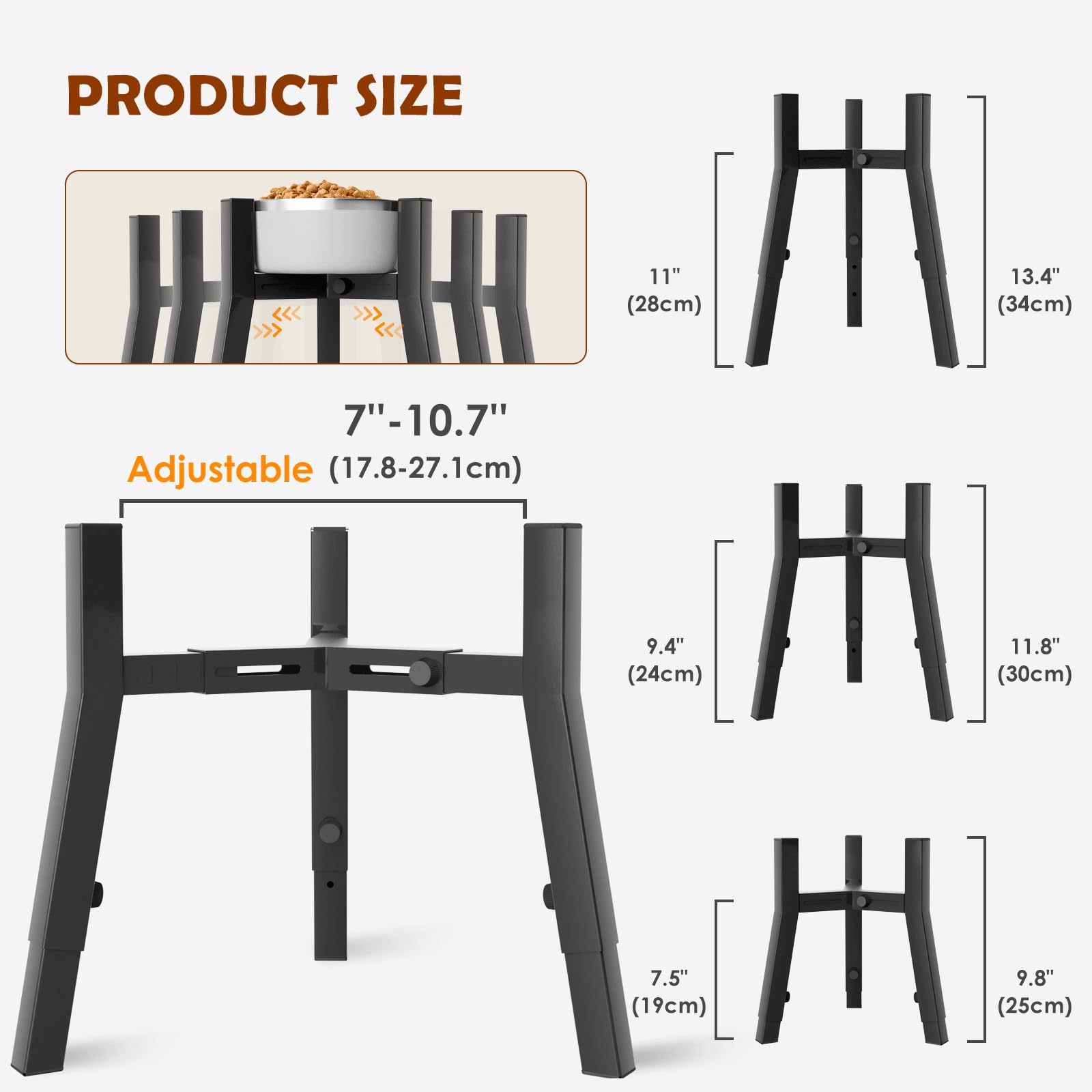 Tidant Adjustable Dog Bowl Stand - Elevated Bowls For Large Dogs, 7-10.7'' Wide, 3 Height Adjustments