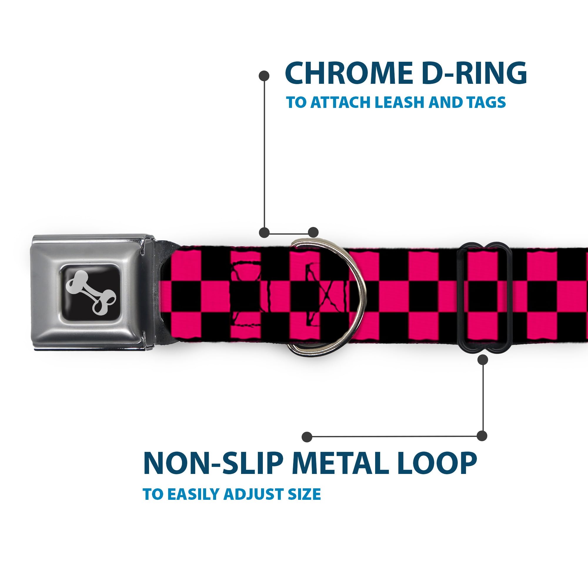 Buckle-Down Seatbelt Buckle Dog Collar - Checker Black/Neon Pink - 1' Wide - Fits 11-17' Neck - Medium