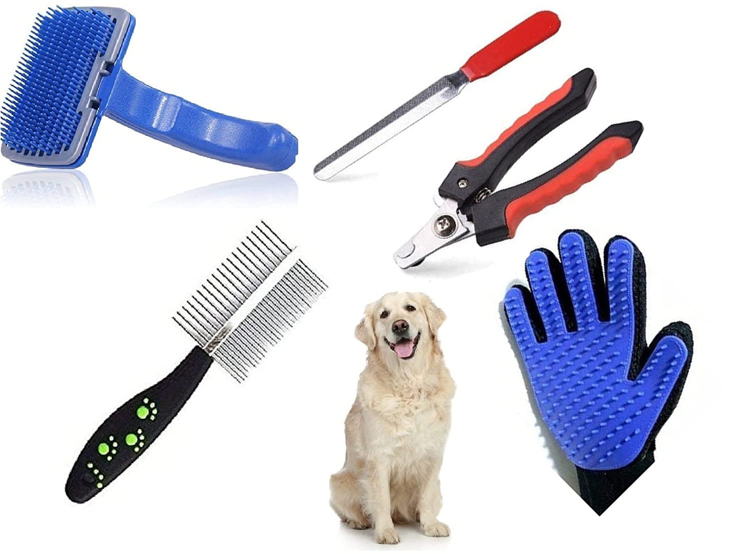 Rvpaws (Combo Of 5) Imported Pet Slicker Brush + Hair Comb Double Side + Nail Clipper + Nail Grinder + Grooming Gloves Kit For A