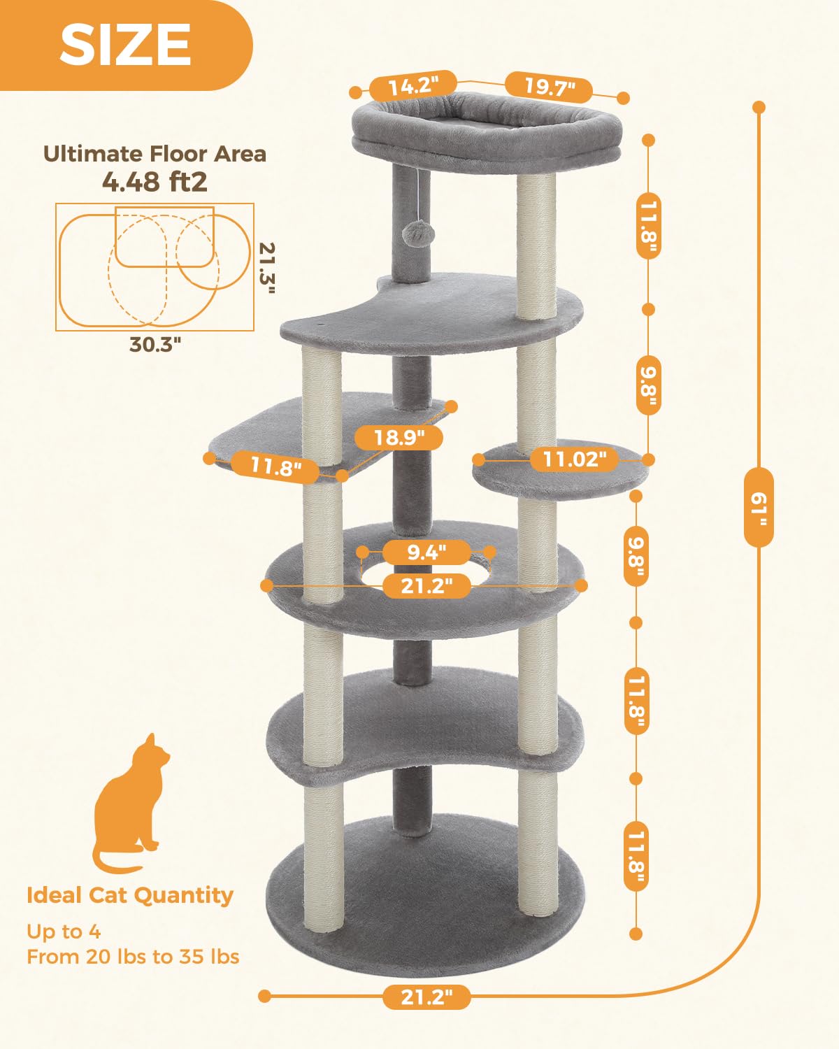 Petepela 61'' Cat Tree For Indoor Cats, [6-Levels] Cat Climbing Tower With 9 Sisal Scratching Posts And Replaceable Dangling Bal