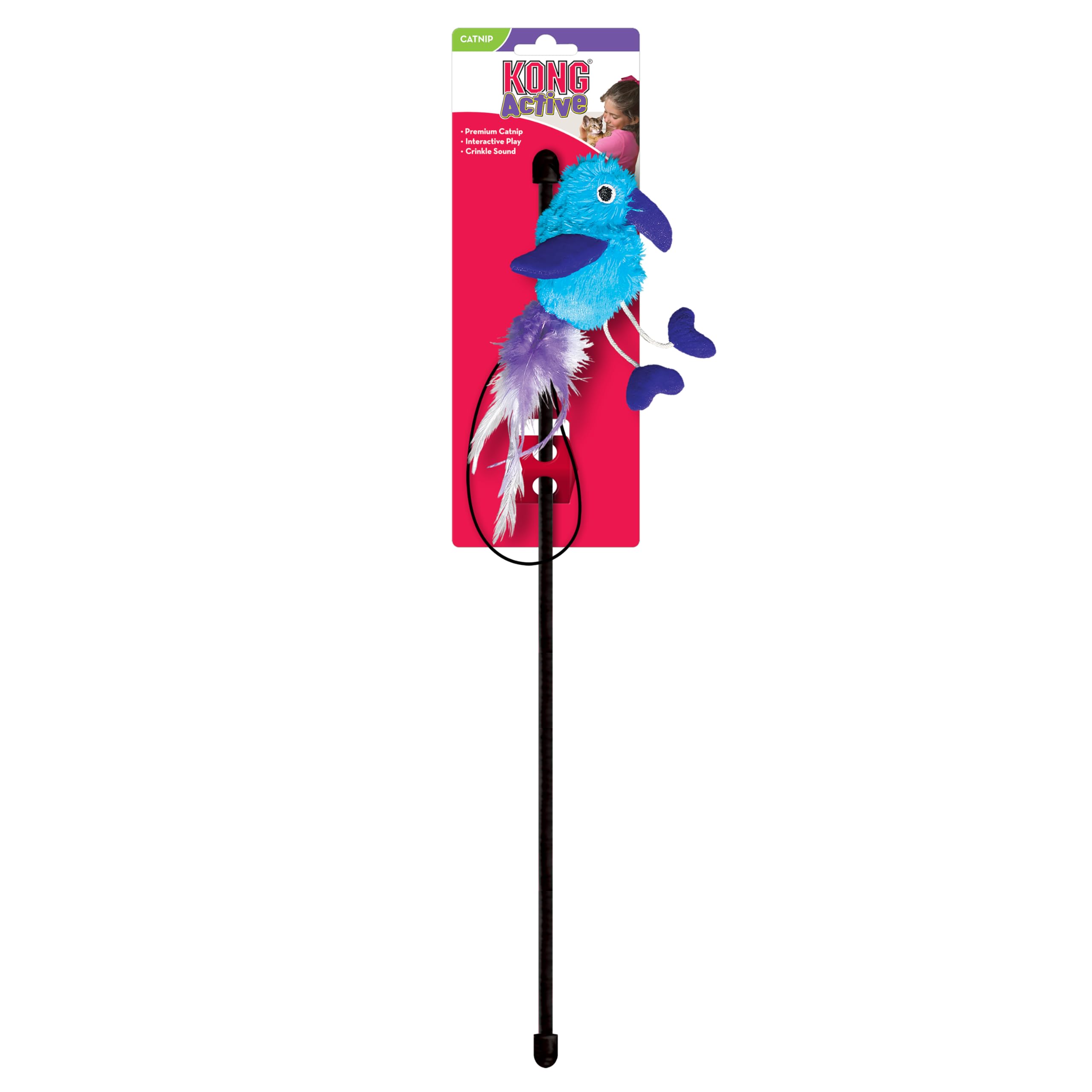 Kong Teaser Feather Cat Wand, Interactive Cat Toy With Colourful Feathers, Crinkle Sounds, Promotes Healthy Exercise, Chasing, P