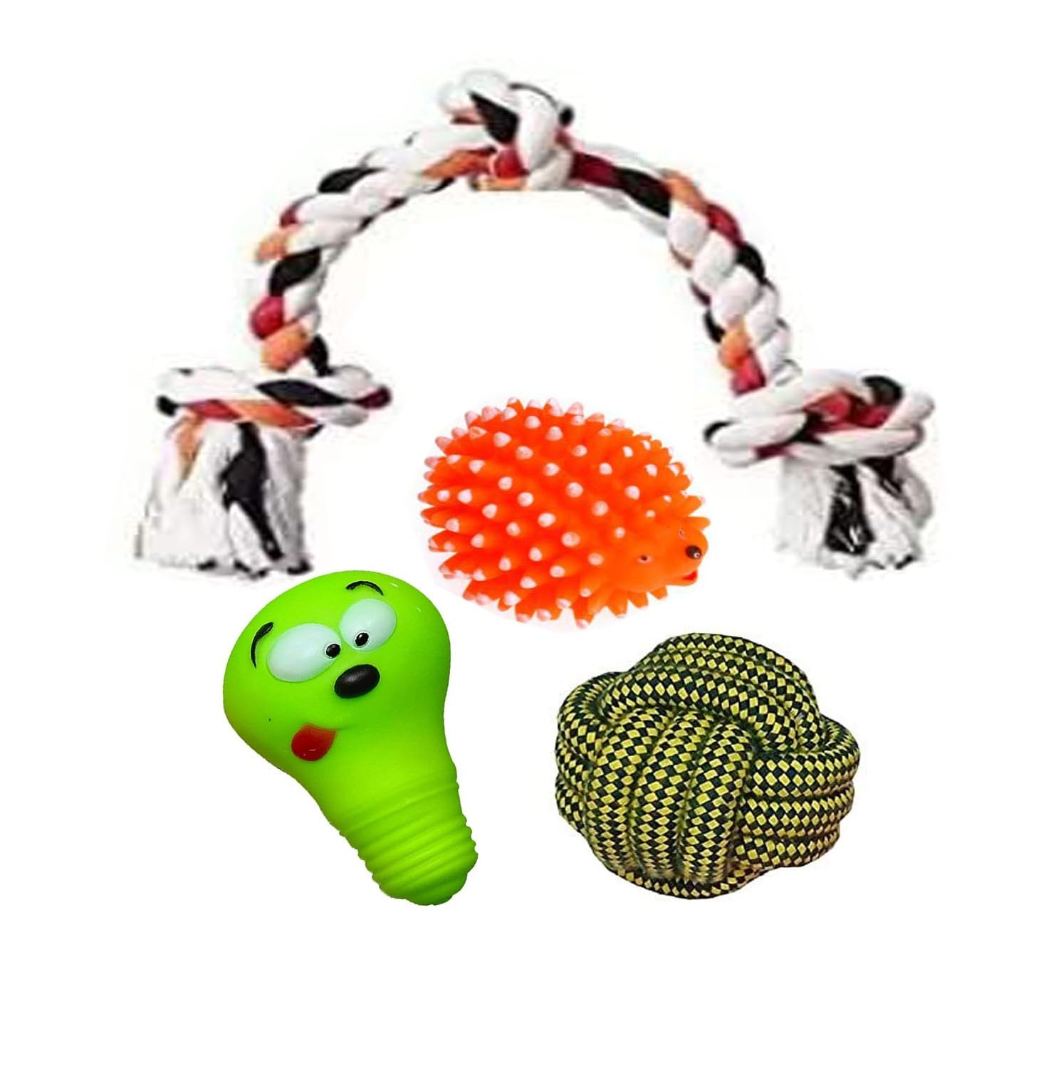 W9 Pet Products Combo Of 4 Natural Latex Squeaky Rubber Toy With 3Knotted Rope Toy For Small Breed Puppy Rope,Hedgehog,Bulb, K