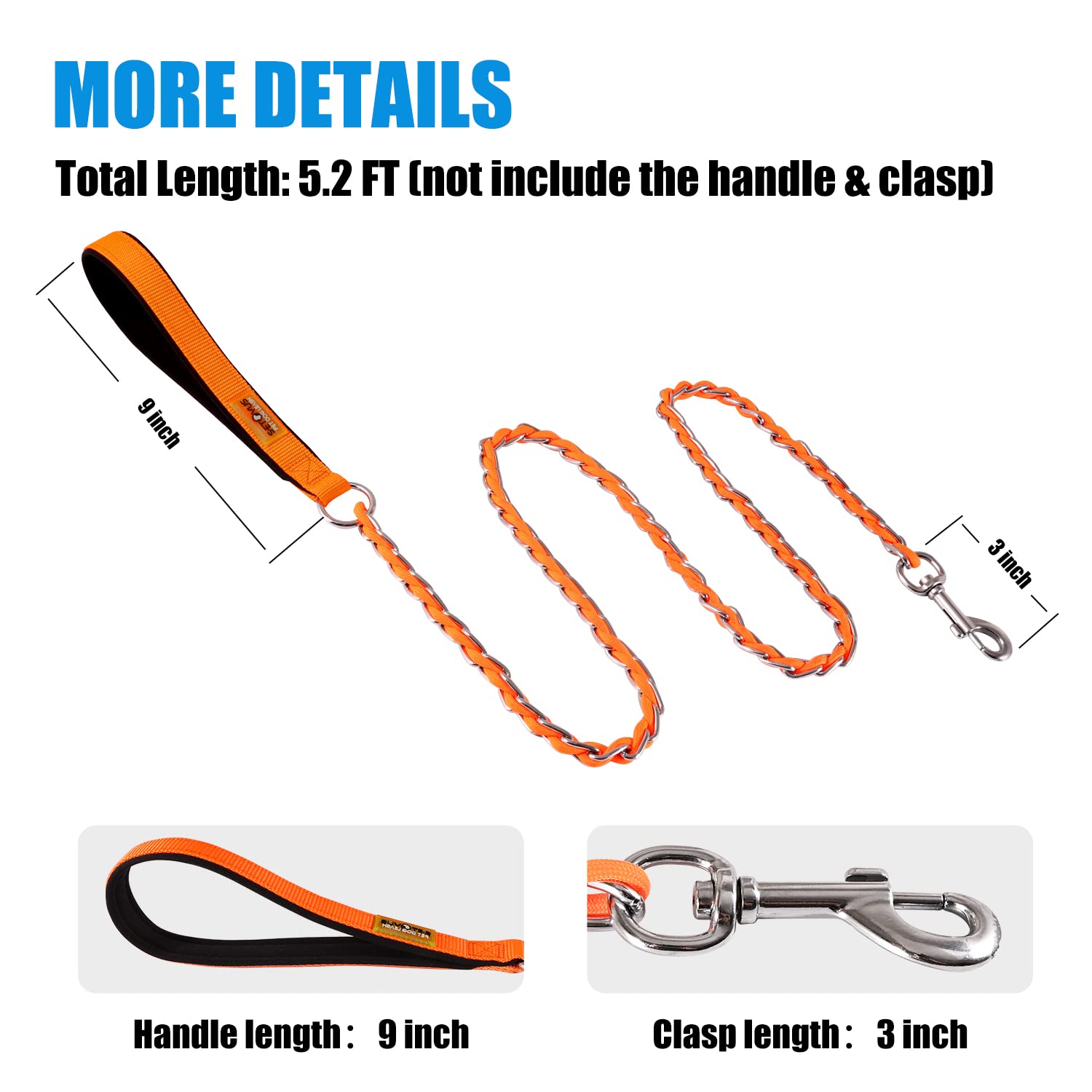 S-ETOVUS Chew Proof Metal Dog Leash - 5FT Chain Link, Anti-Bite, Soft Padded Handle, Orange for Medium & Large Dogs