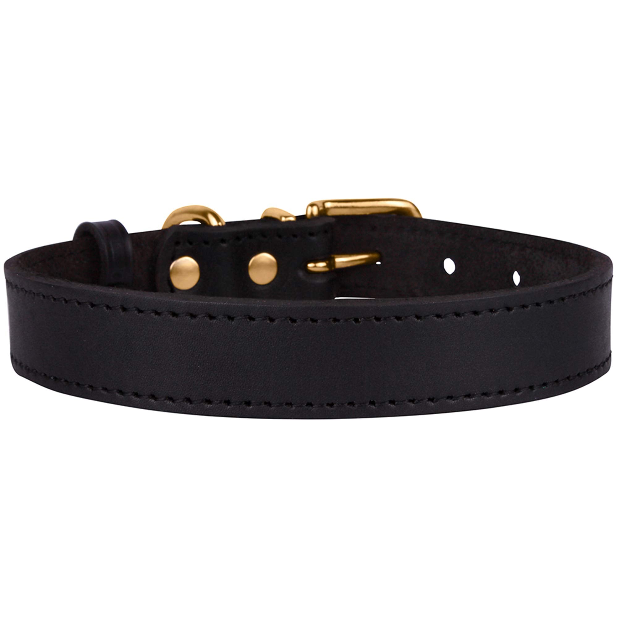 Bronzedog Leather Dog Collar With Metal Buckle Durable Basic Pet Collars For Small Medium Large Dogs (19-21 Inch (Pack Of 1), Black & Gold Buckle)