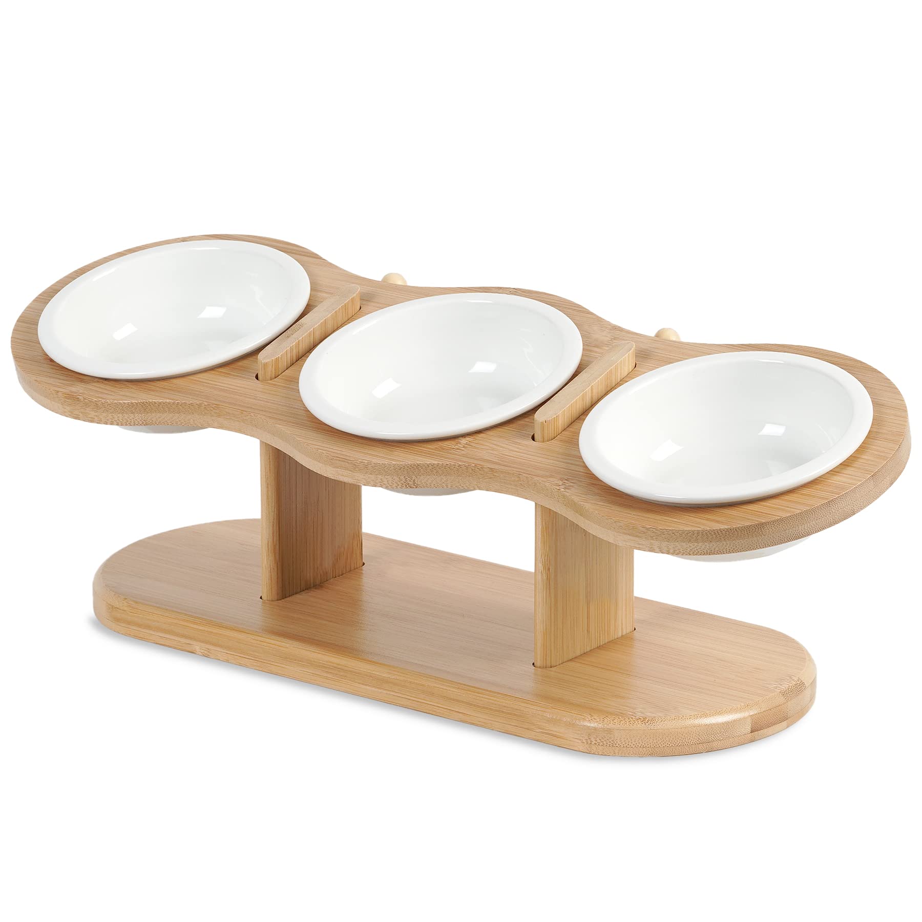 CILXGQLN Elevated Cat Bowls, 2 Heights Adjustable Raised Dog Bowl Stand, 3 Ceramic Bowls for Cats and Small Dogs, 15 Tilted