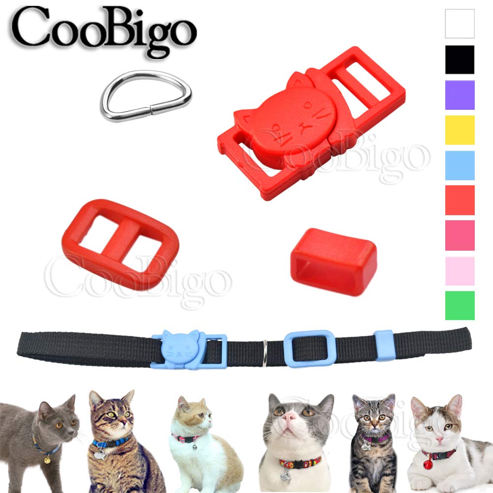 CooBigo Cat-Head Breakaway Buckle Set - 10 Assorted Tri-glide Slider Buckles, 11mm Plastic D-ring for DIY Cat Collar