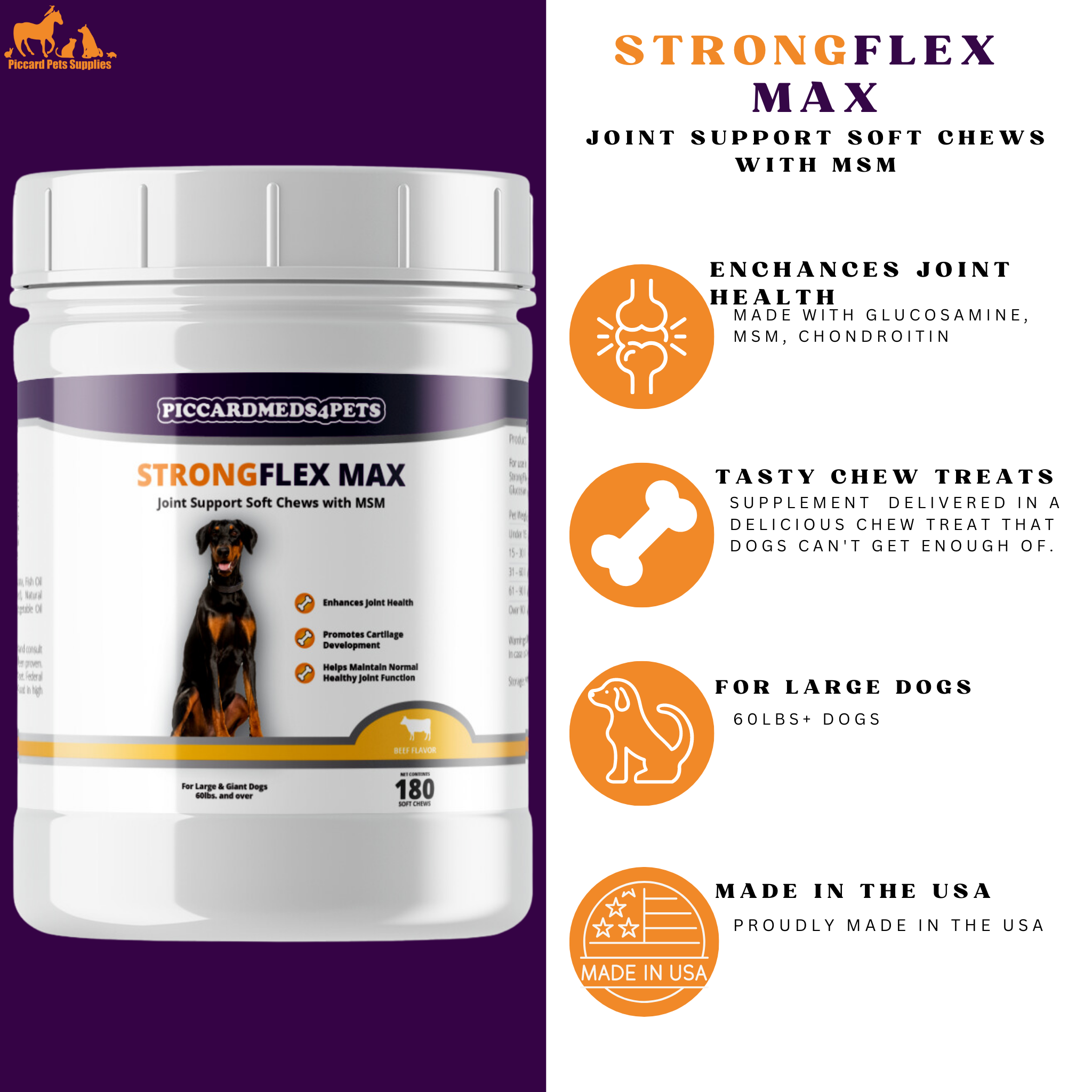 Piccardmeds4pets StrongFlex Max Joint Support Chews Large Dogs 180ct + FREE Bandana!