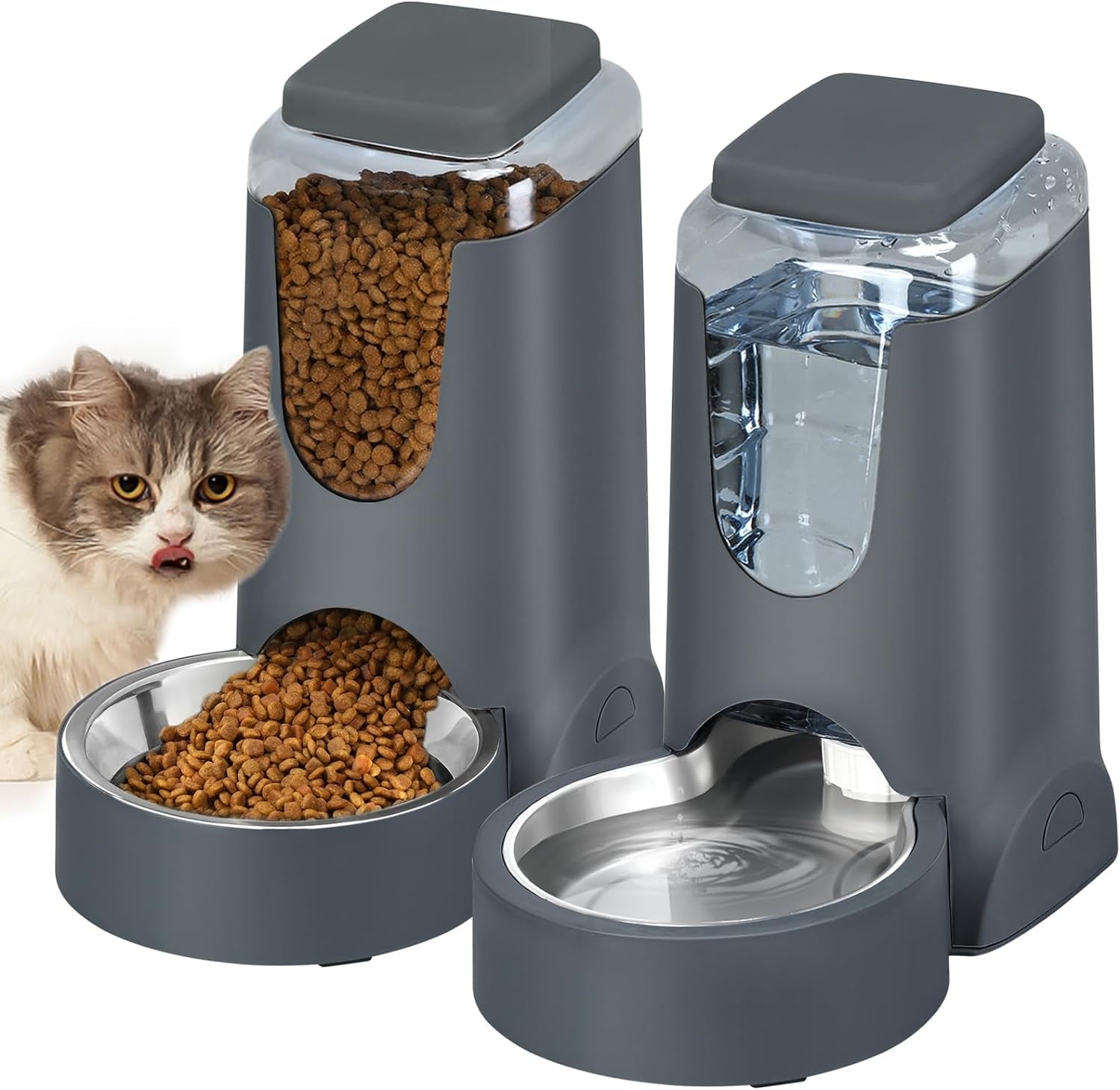 Automatic Cat Feeder & Water Dispenser Set, Steel Bowls, 1 Gallon