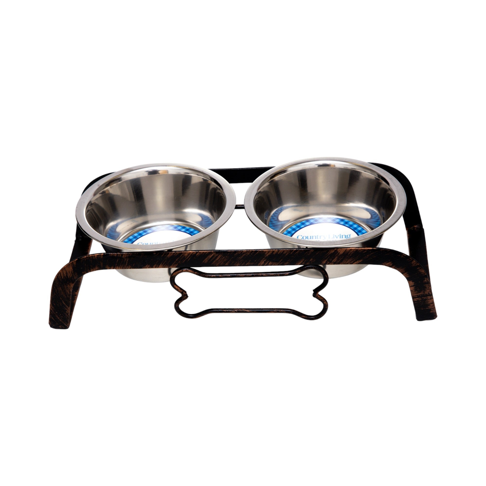 Country Living Rustic Dog Bone Elevated Feeder with 2 Stainless Steel Bowls