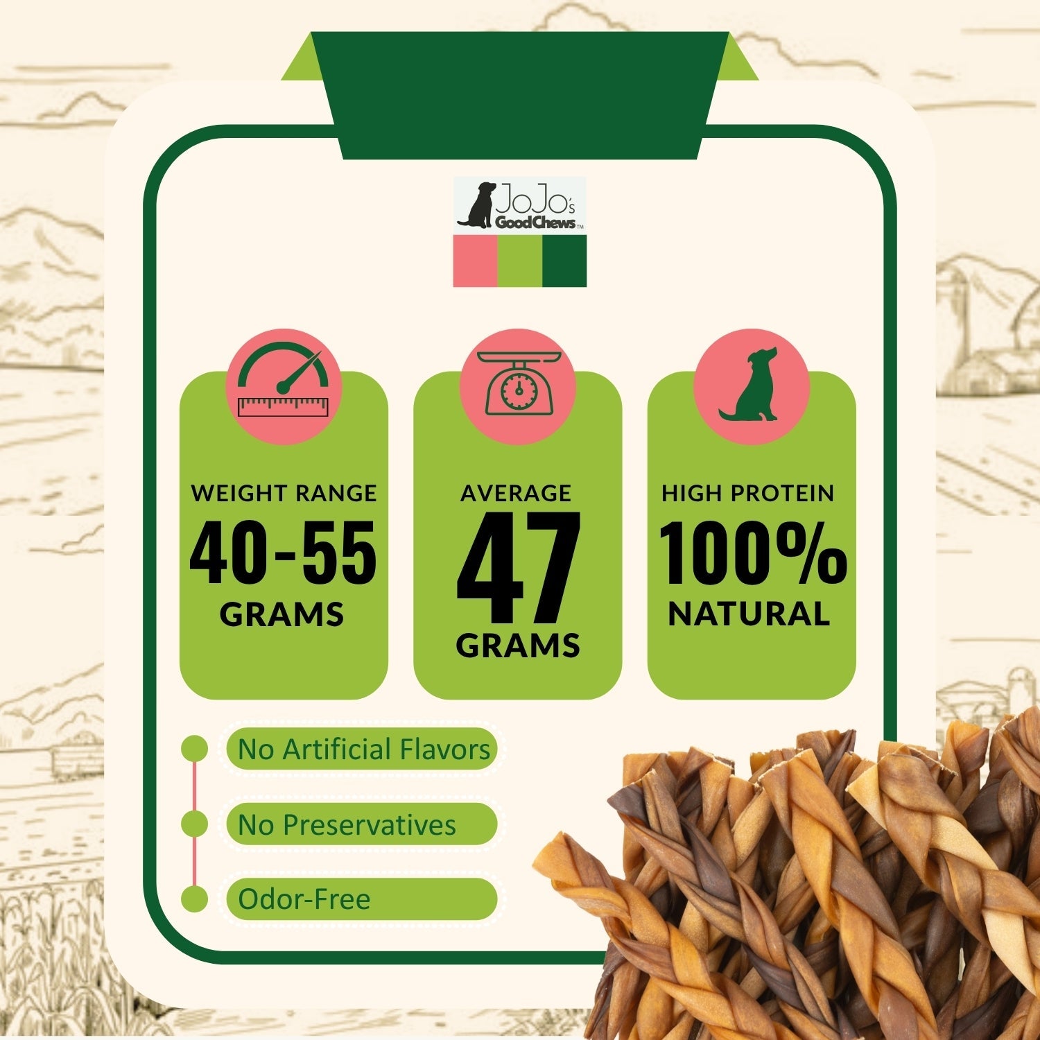 6" Braided Beef Collagen Sticks for Dogs, 25-Pack
