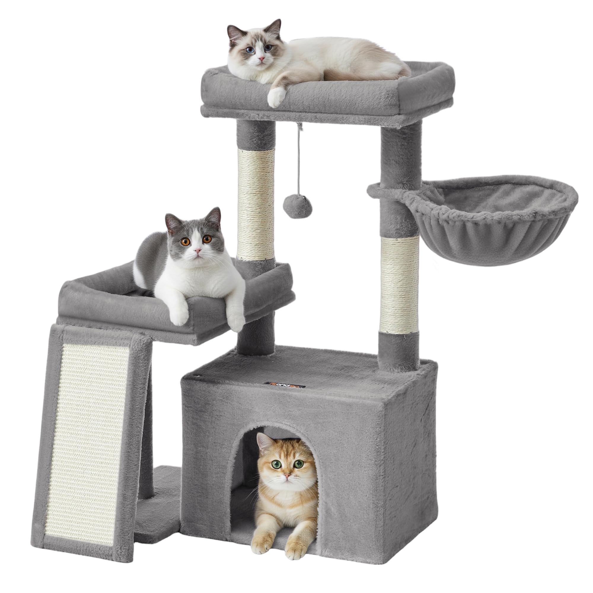 Feandrea Cat Tree, Cat Tower Condo with Scratching Posts and Ramp, 2 Large Perches, Cave, Basket, 33.8 Inches Tall, Dove Gray UP
