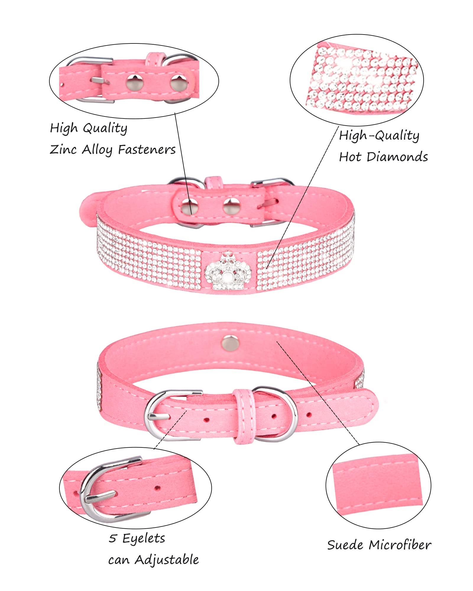 Dog Collar For Small Dogs, Adjustable Leather Suede Bling Dog Collars,Pink Dog Collar Cat Collar, Rhinestone Dog Collar (L, Pink