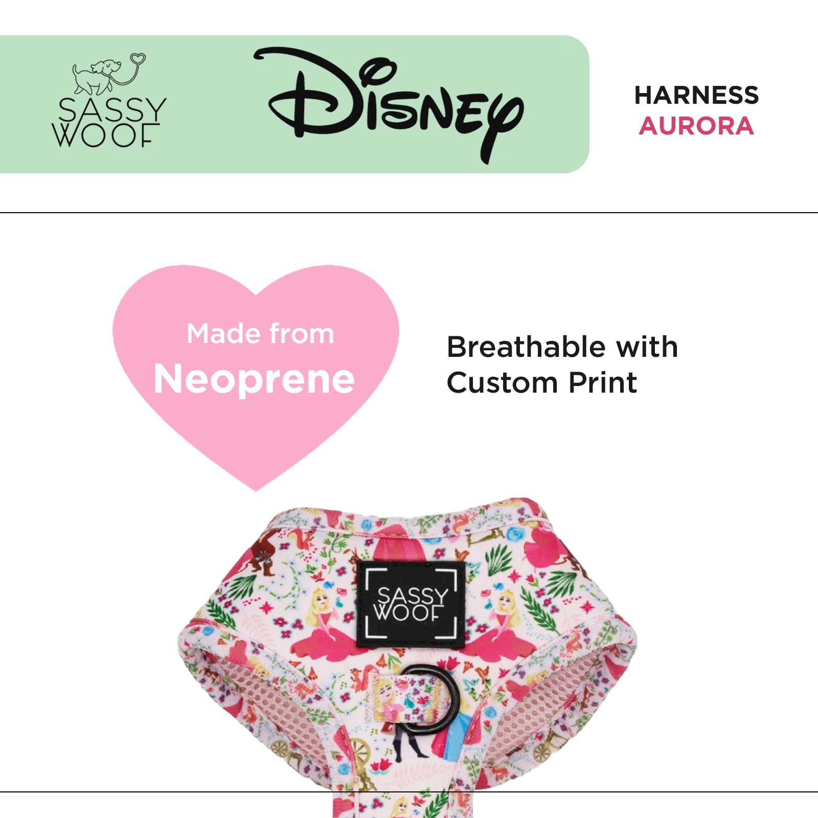 Sassy Woof Dog Adjustable Harness - Disney Princess Sleeping Beauty Aurora - Xl, Breathable Mesh, No Pull Design With Two D-Ring