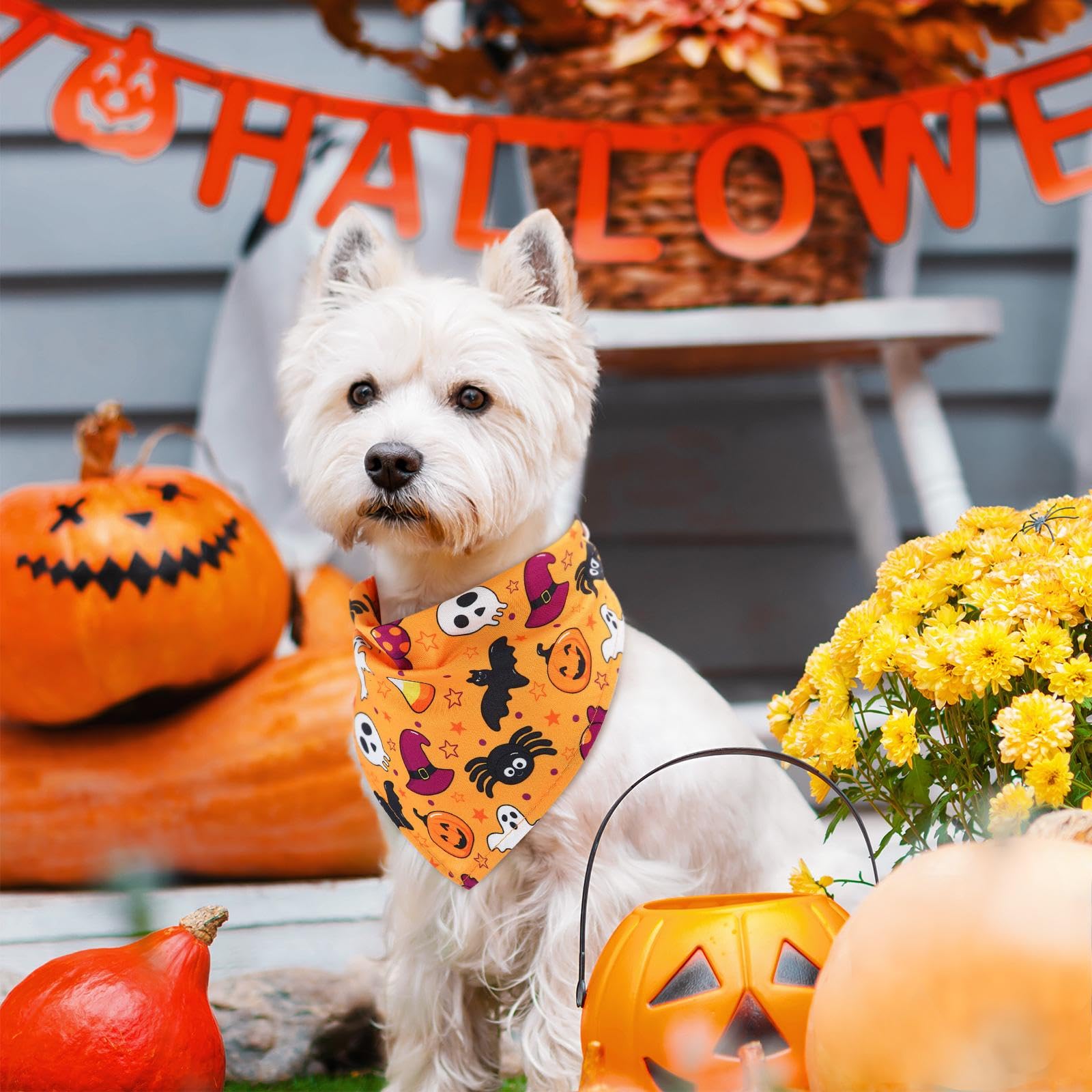 Kigeli 100 Pack Halloween Dog Bandanas Adjustable Triangle Bibs Scarf Ghost Halloween Pumpkin Spider Web Pet Bandanas Costumes H