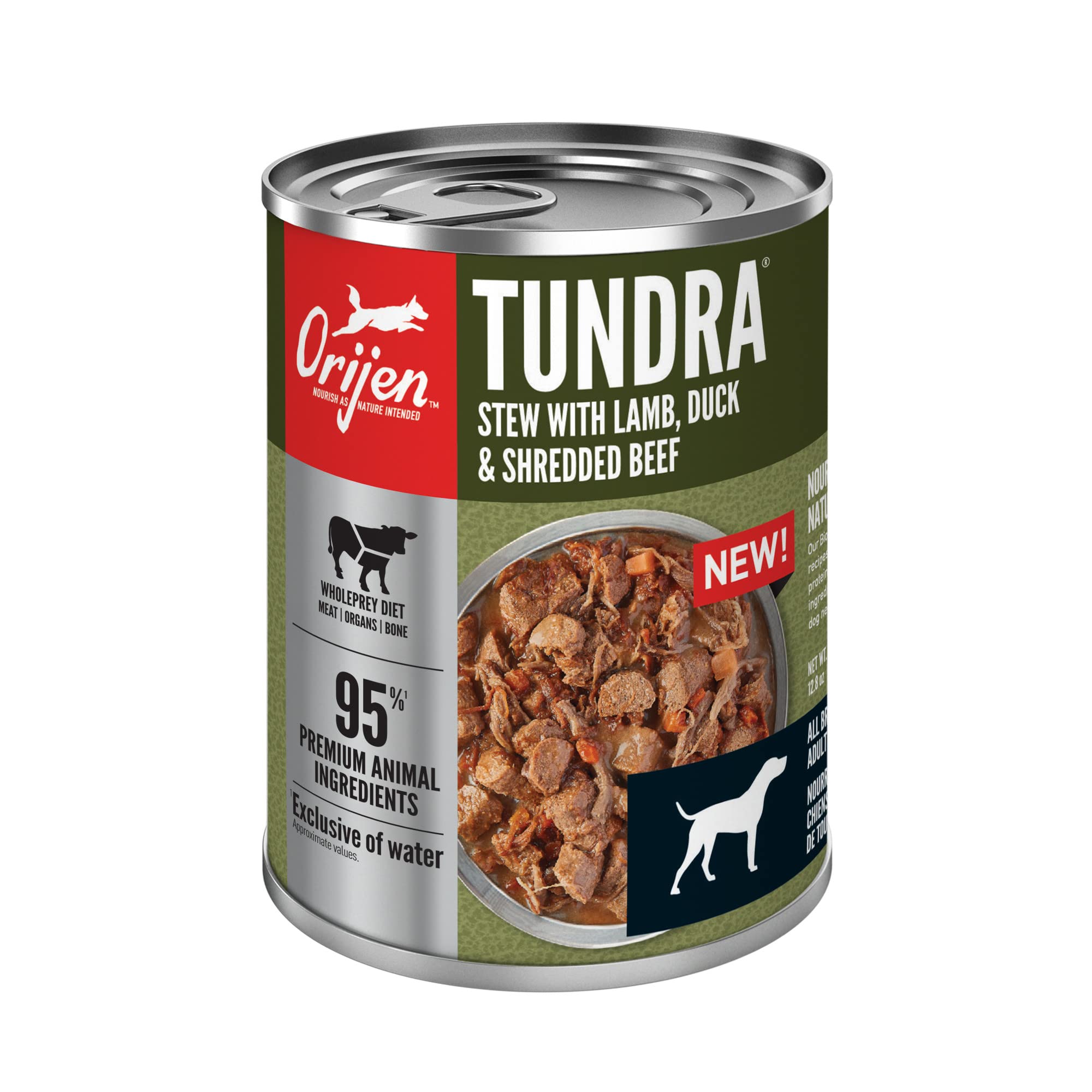 ORIJEN Tundra Stew Wet Dog Food, Grain-Free, 12.8 oz (Pack of 12), Premium Meat Shreds, Green