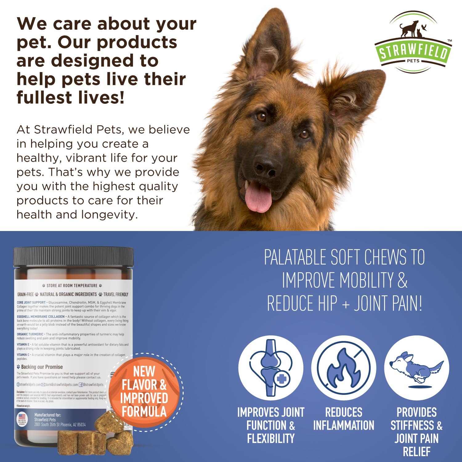 Strawfield Pets Hip + Joint Chews for Dogs Advanced Dog Joint Supplement with Glucosamine Tasty Healthy Mobility Treats Bacon Fl