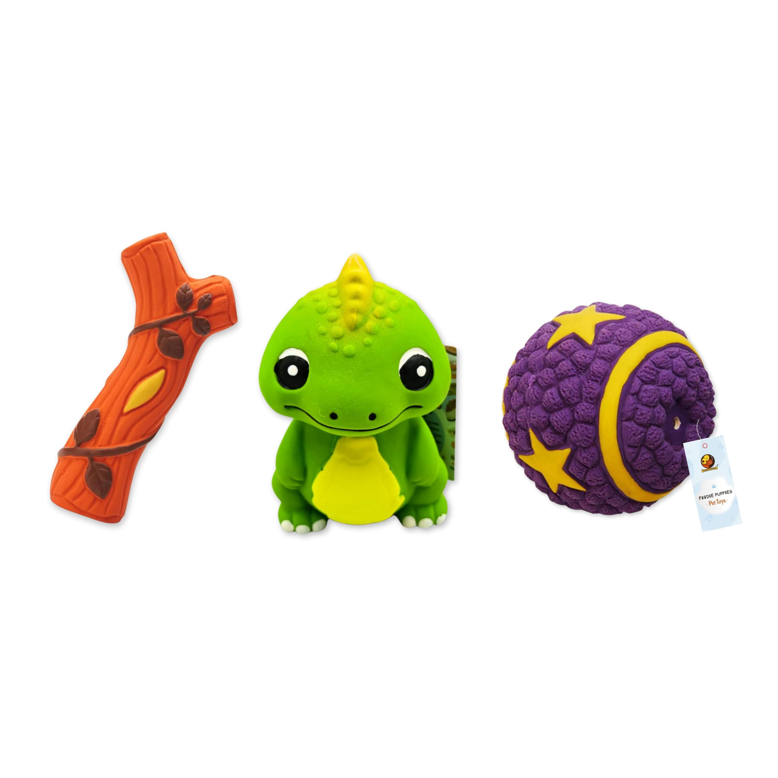 Foodie Puppies 3In1 Combo Of Latex Dog Squeaky Toy (Stegosaurus, Starball (L), Branch (S)) For Small Dogs And Puppies | Cotton