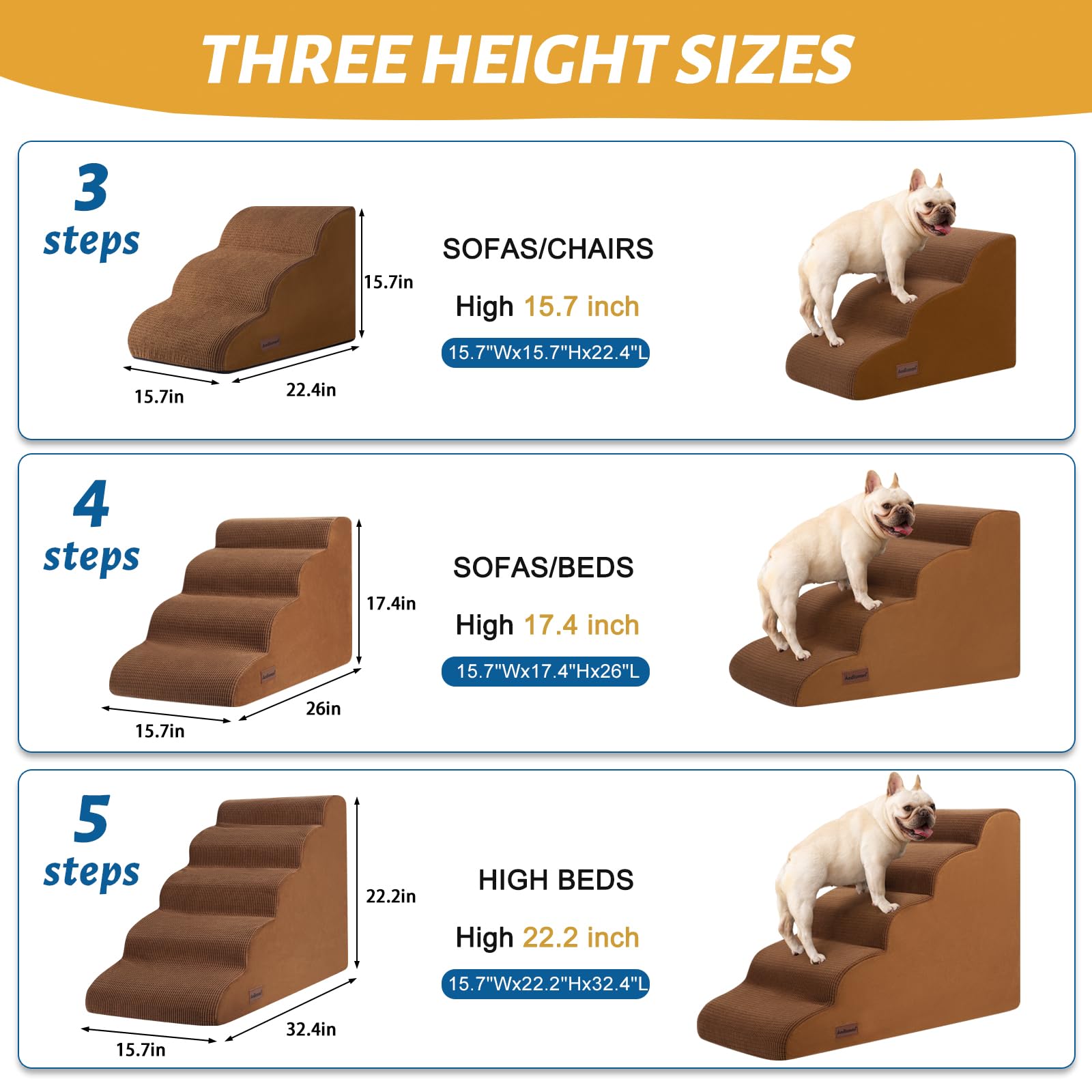 Aodisman 5-Step Dog Stairs Ramp for High Bed, Non-Slip Foam Steps, 22.2" H, Brown, Model Y02-Brown